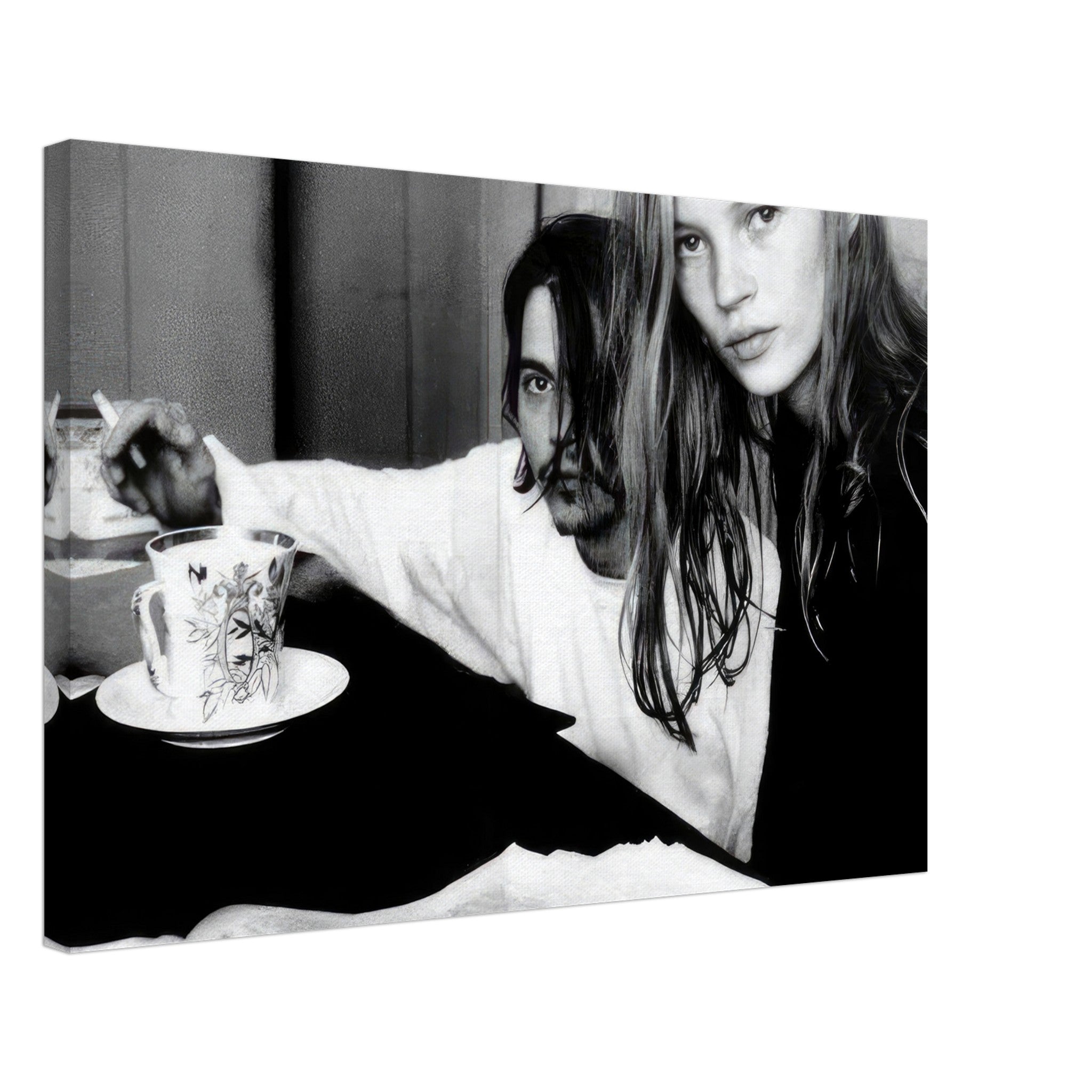 Johnny Depp and Kate Moss black-and-white canvas print capturing 90s nostalgia and rebellious romance.