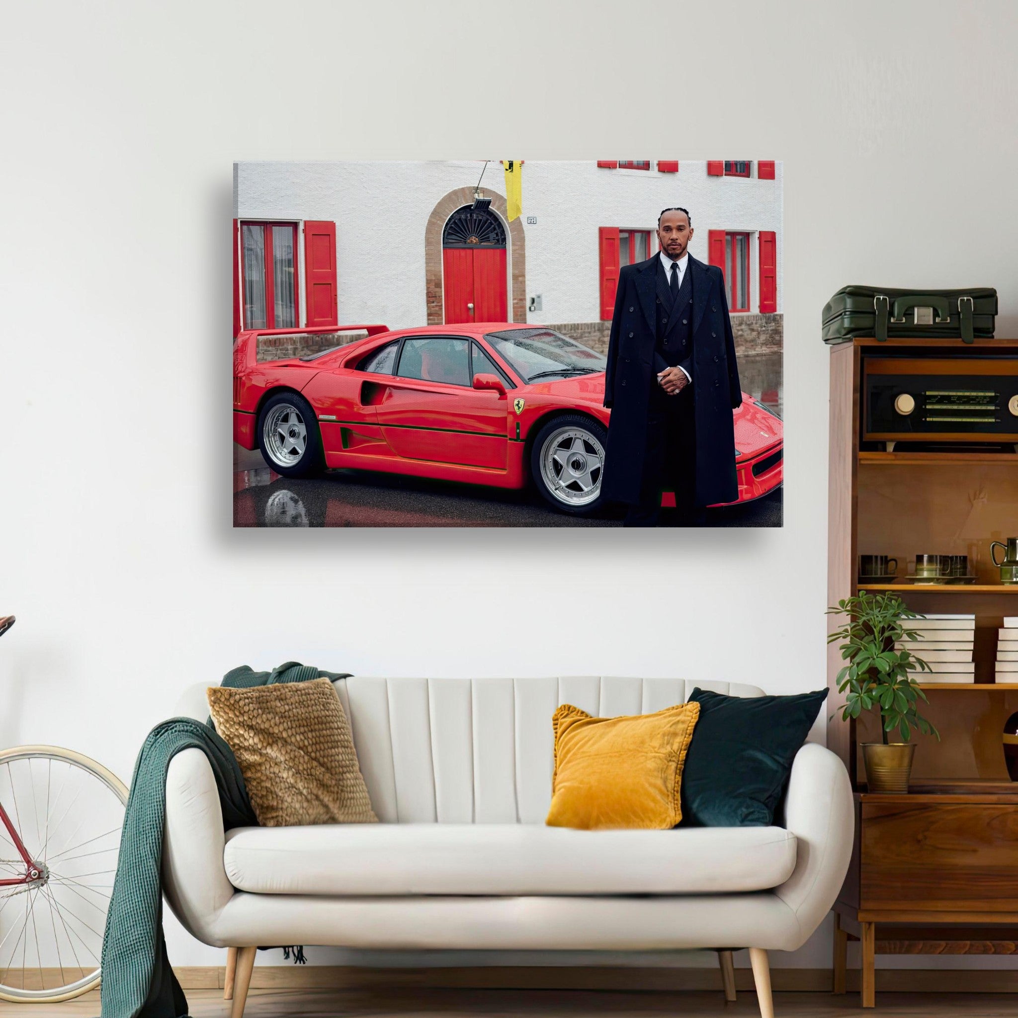 Lewis Hamilton standing next to a Ferrari F40 in front of a house, featured in a premium canvas print.