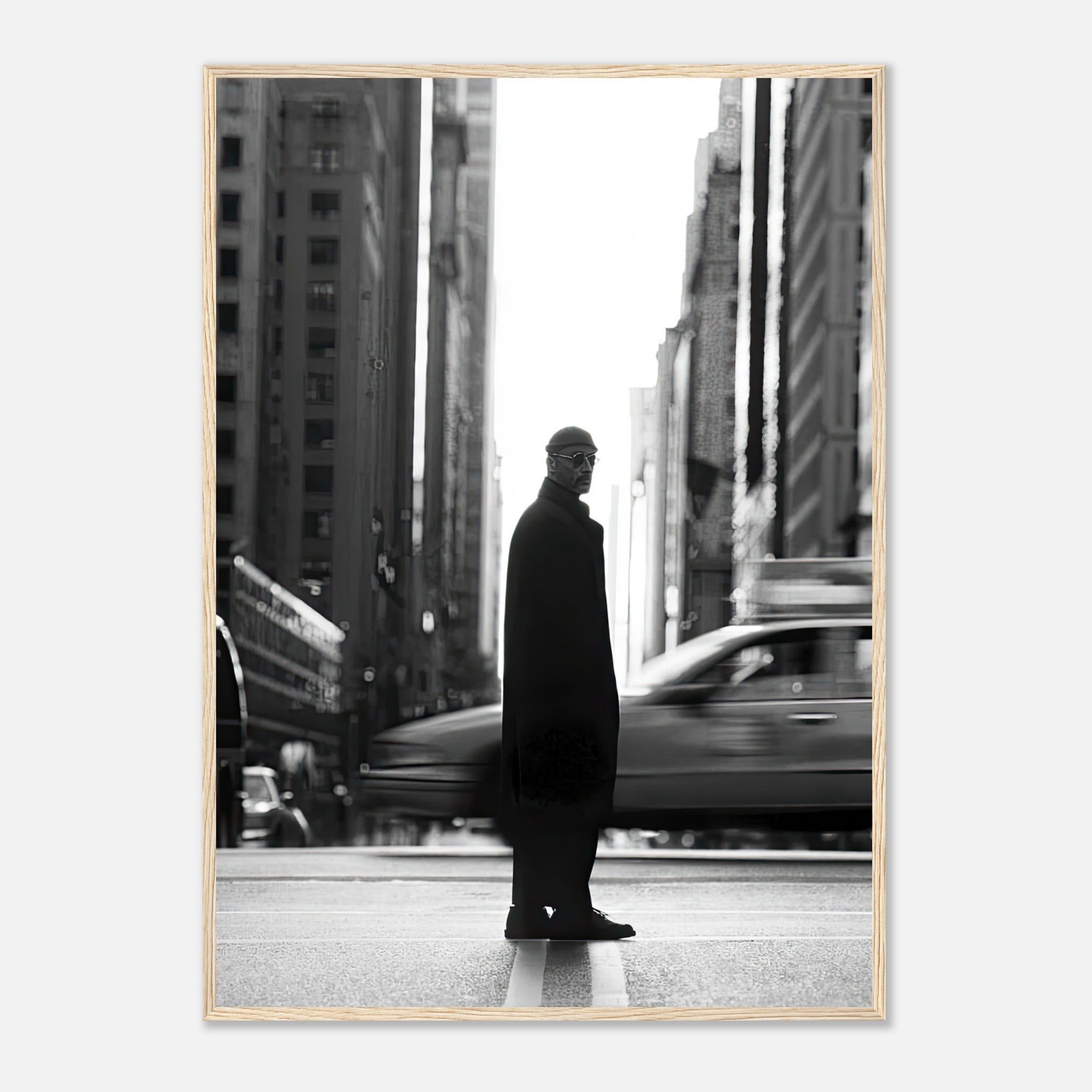 Jean Reno as Leon in a striking black-and-white print set in New York's bustling streets.