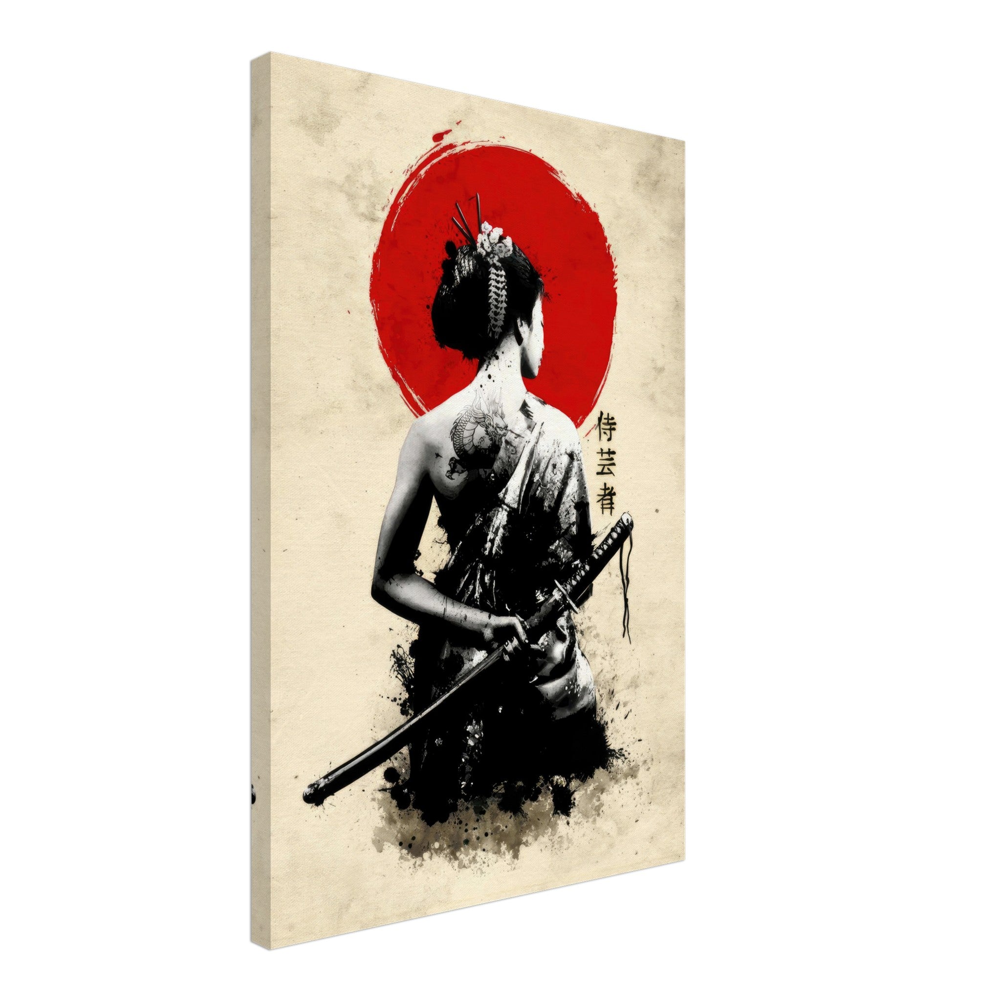 The Samurai Geisha canvas artwork featuring a geisha with a katana against a bold red sun backdrop.