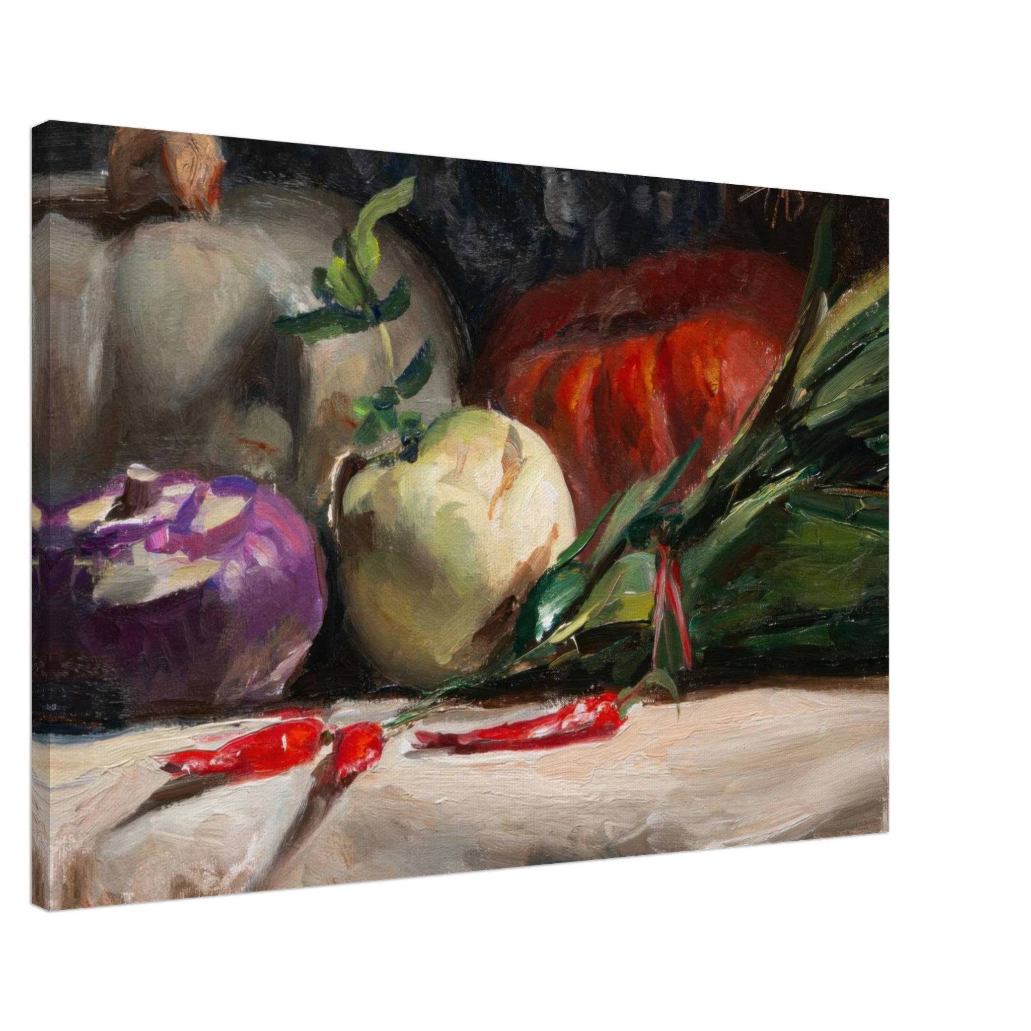 Kohlrabi, pumpkins, and red chilis canvas print, capturing rustic kitchen charm in vibrant oil painting.