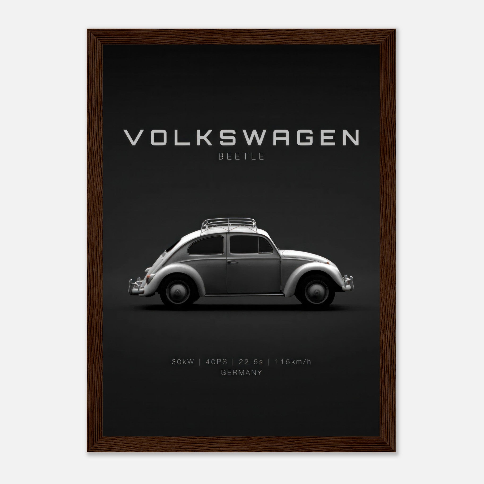 Framed poster of a Volkswagen Beetle with sleek profile on a black background, showcasing vintage automotive design.