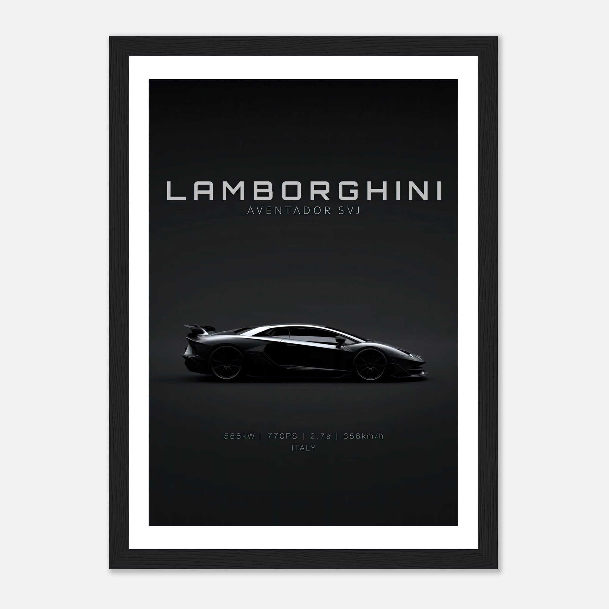 Lamborghini Aventador SVJ framed poster showcasing sleek design and performance details in a stylish Black frame.