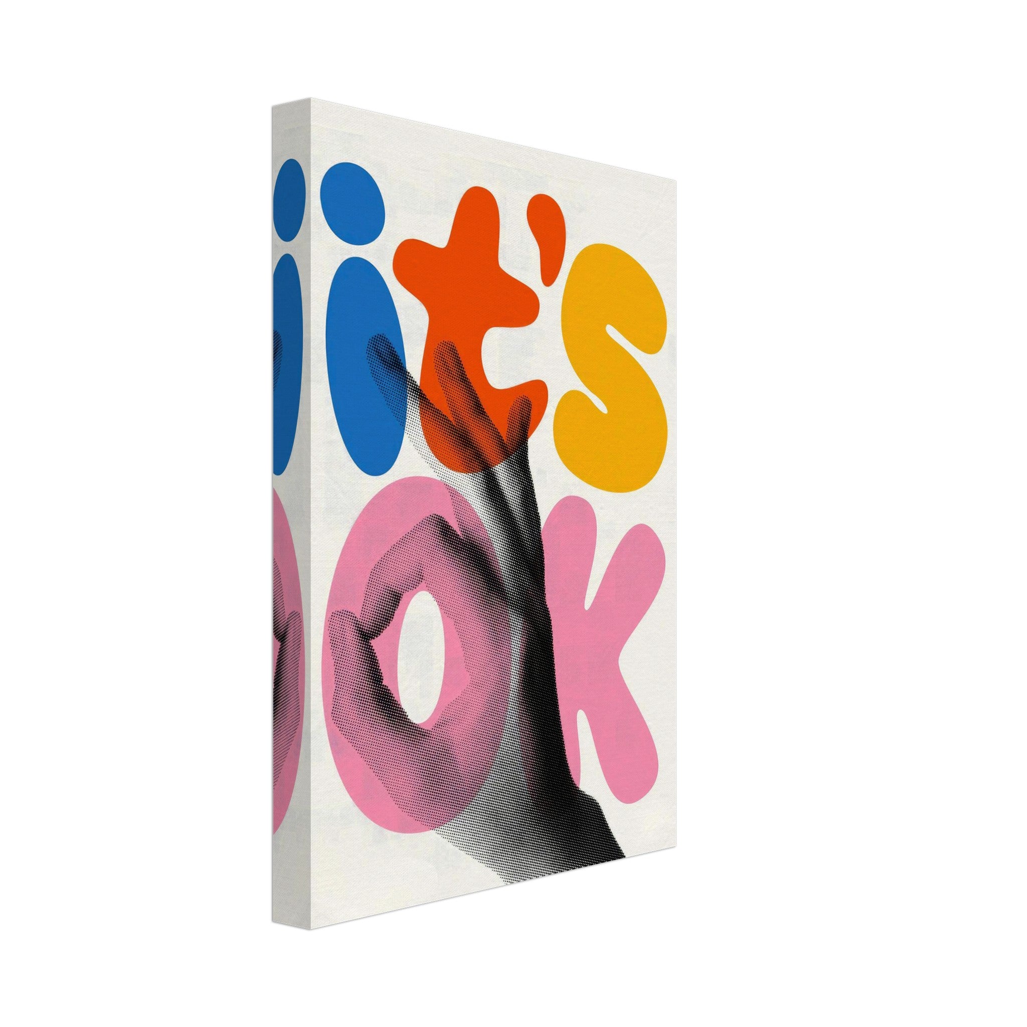 Retro Abstract Pop Art canvas print featuring oversized 'It's Ok' text and a hand gesture in vibrant colors.