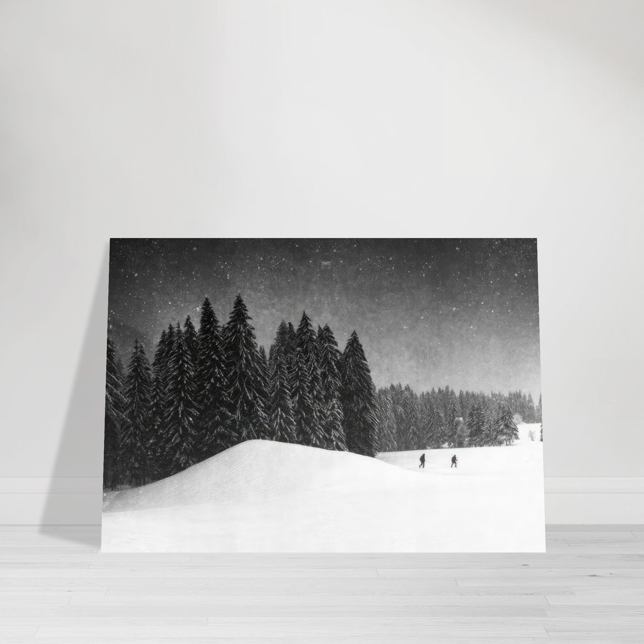 Winter Crossing poster featuring snow-covered landscape and evergreens under a starry sky, ideal for modern decor.