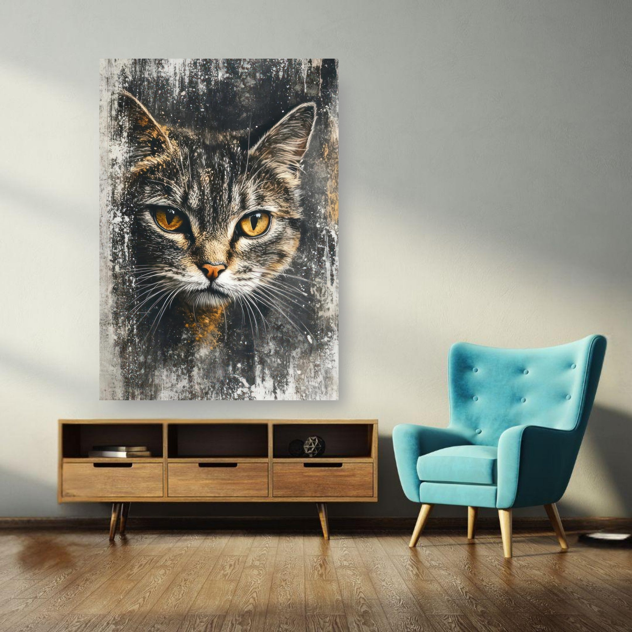 Captivating cat painting artwork poster with golden eyes in a stylish living room setting.