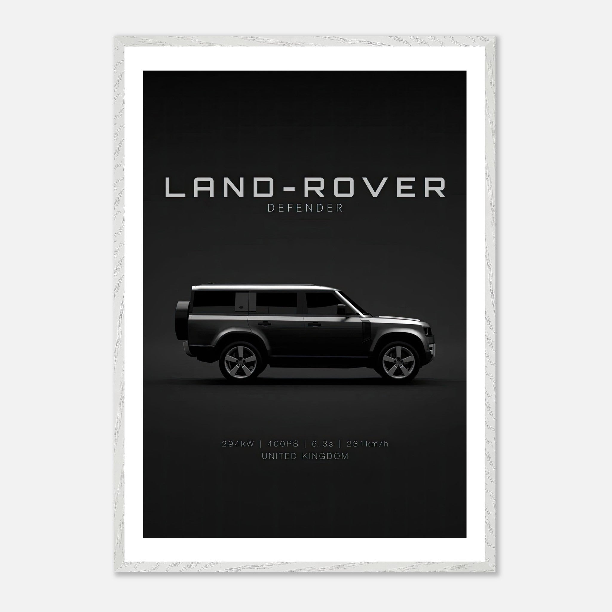 Land Rover Defender vintage framed art showcasing its iconic silhouette against a black background.
