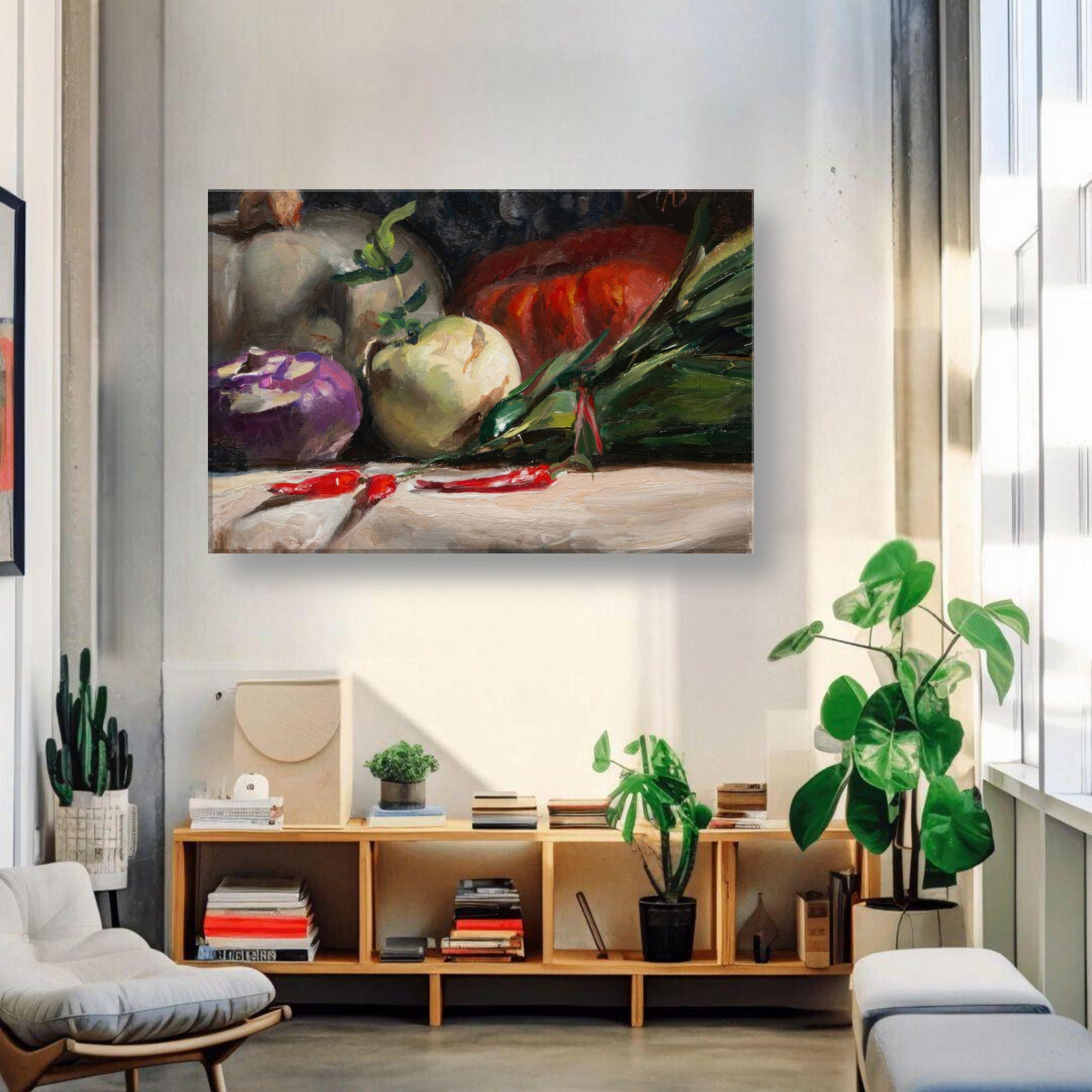Kohlrabi, pumpkins, and chilis canvas print displayed in a modern interior decor setting, adding rustic charm.