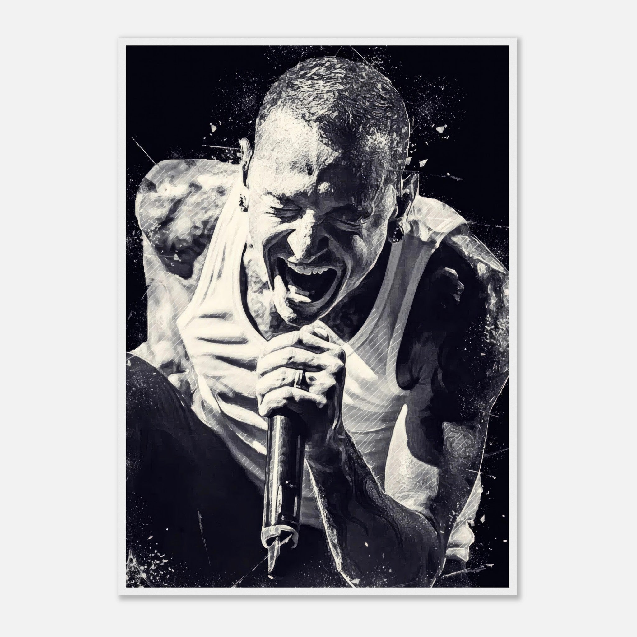 Chester Bennington framed print poster showcasing his powerful stage presence in a striking black-and-white design.