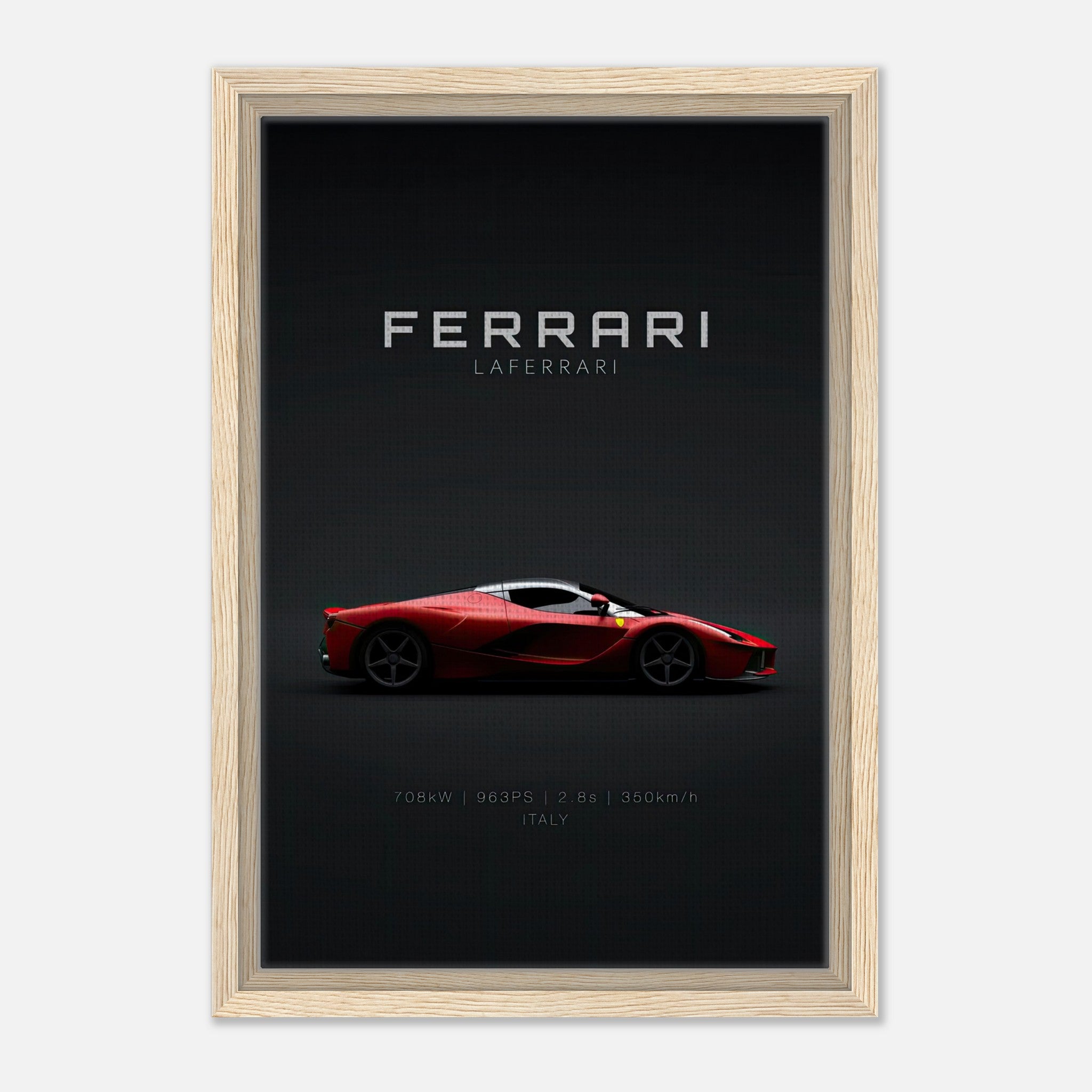Ferrari Laferrari framed canvas art featuring sleek red supercar design on black backdrop