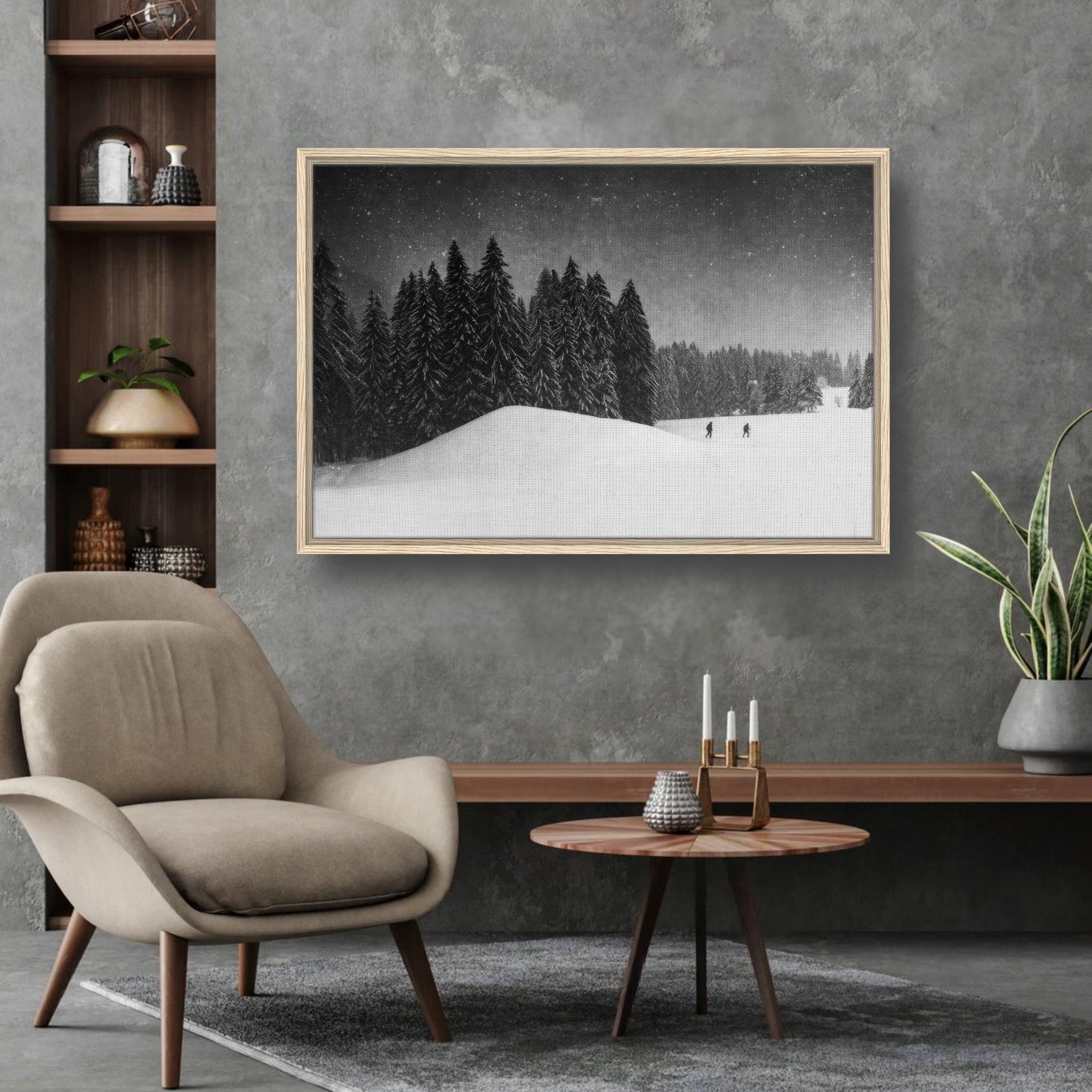 Winter Crossing framed canvas print showcasing snow-covered evergreens under a starry sky, enhancing home decor.