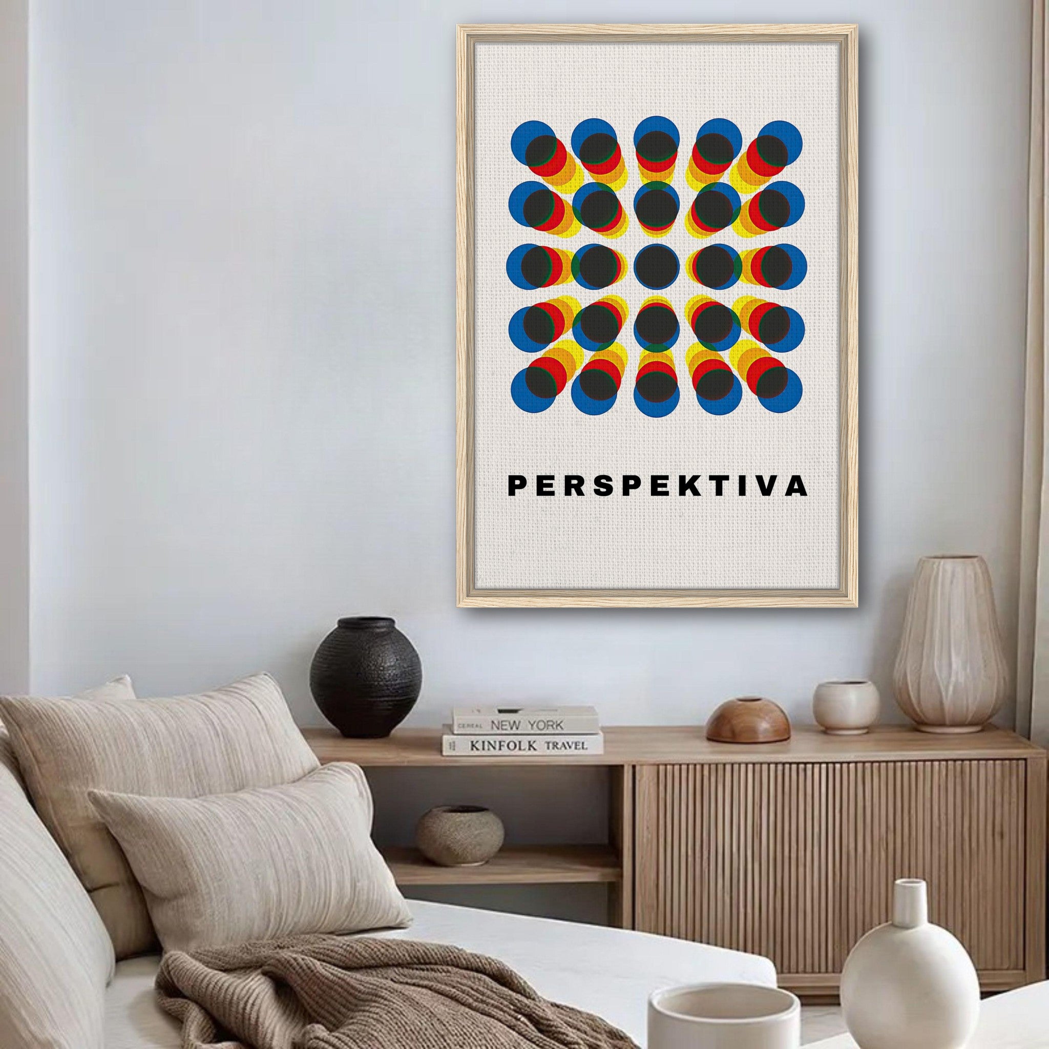 Perspective abstract art framed canvas print with geometric pattern in blue, yellow, and red hues.