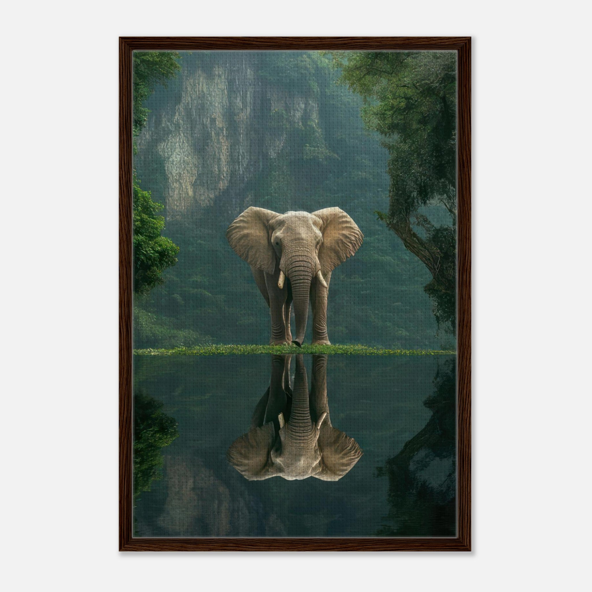 Majestic elephant portrait reflecting in water, surrounded by lush greenery, framed canvas print for home decor.