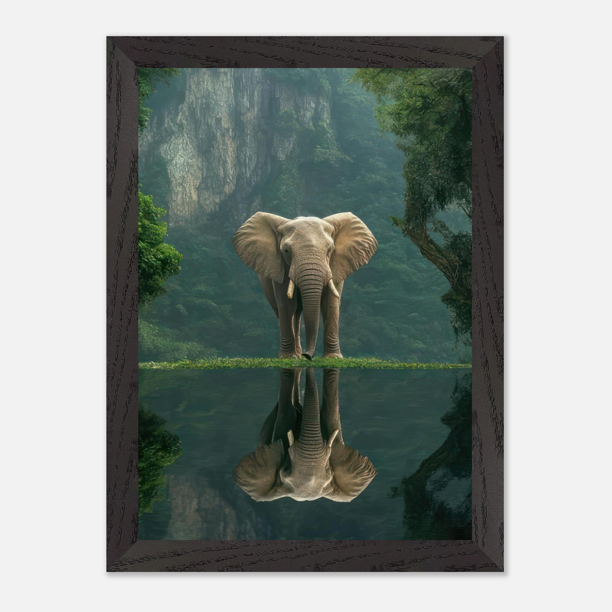 Jungle Elephant Portrait Vintage Framed Print featuring a majestic elephant reflecting in serene water surrounded by lush forest.