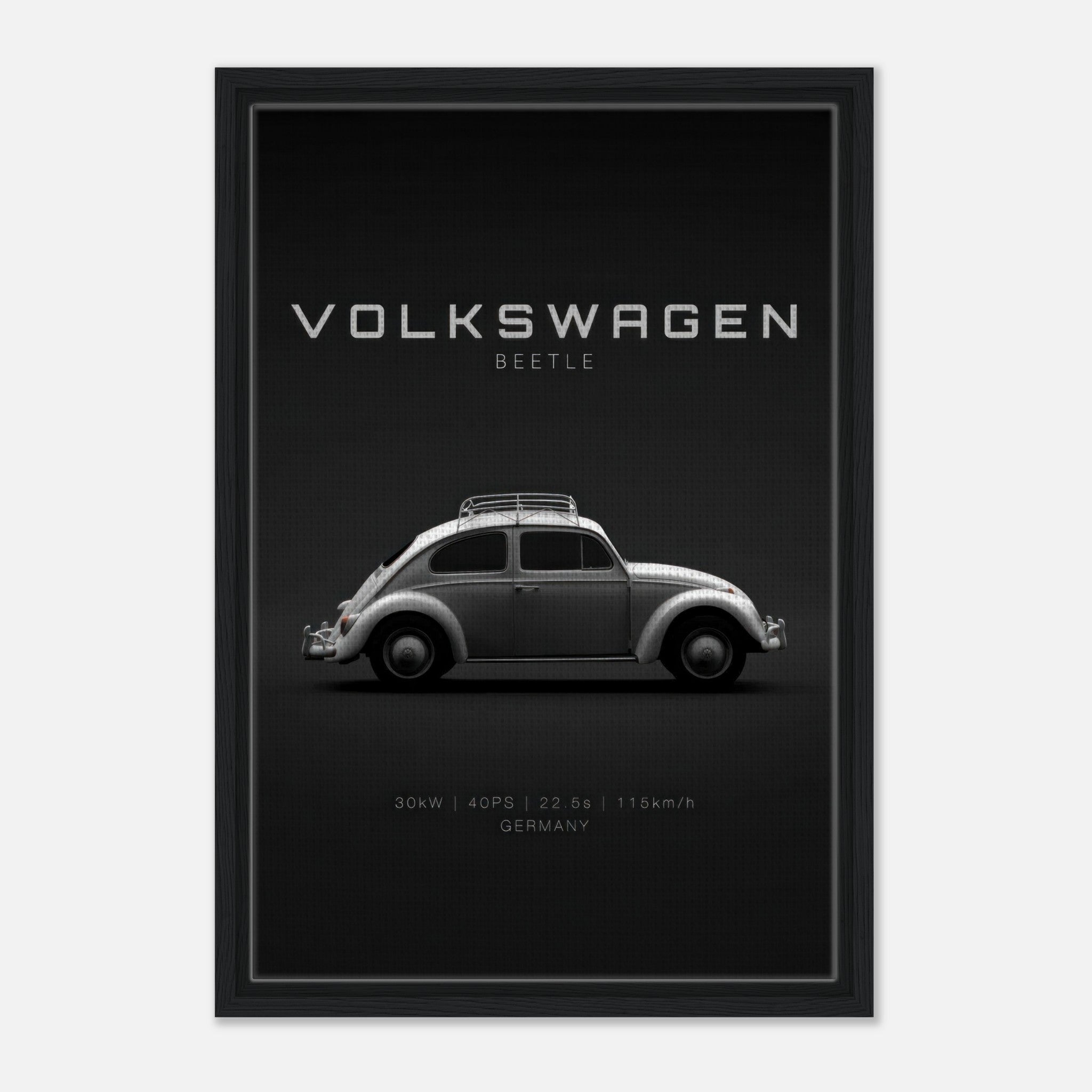 Framed canvas artwork of a Volkswagen Beetle on a sleek black background, highlighting vintage automotive design.