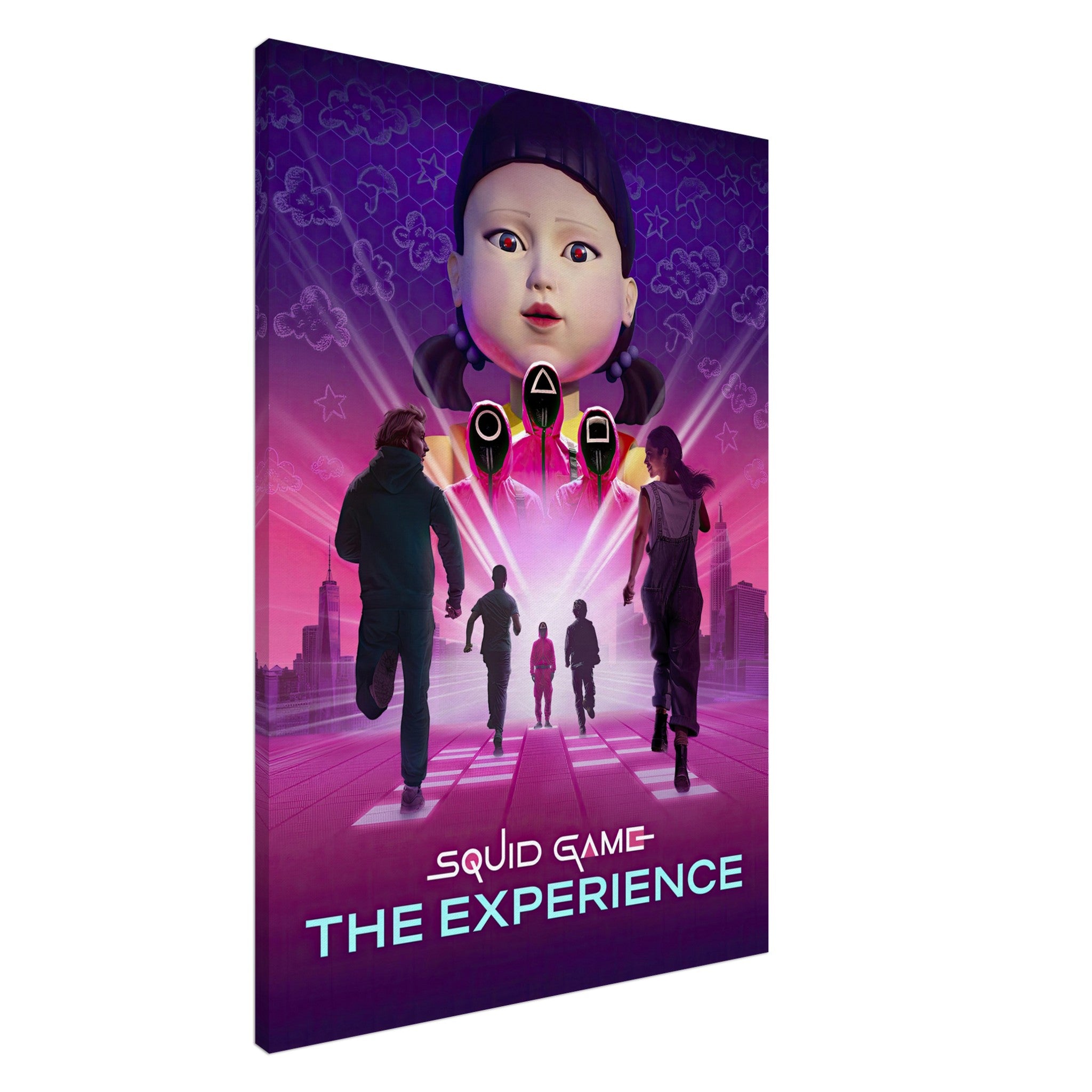 Squid Game Saison 2 canvas artwork featuring the giant doll and players running, capturing suspense and thrill.