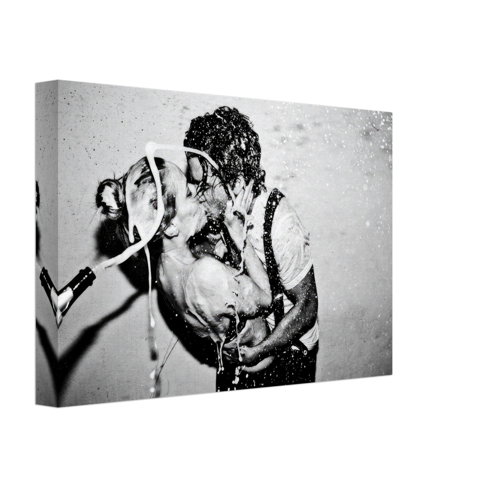 The Champagne Kiss canvas print featuring Johnny Depp and Kate Moss in a passionate black-and-white embrace.