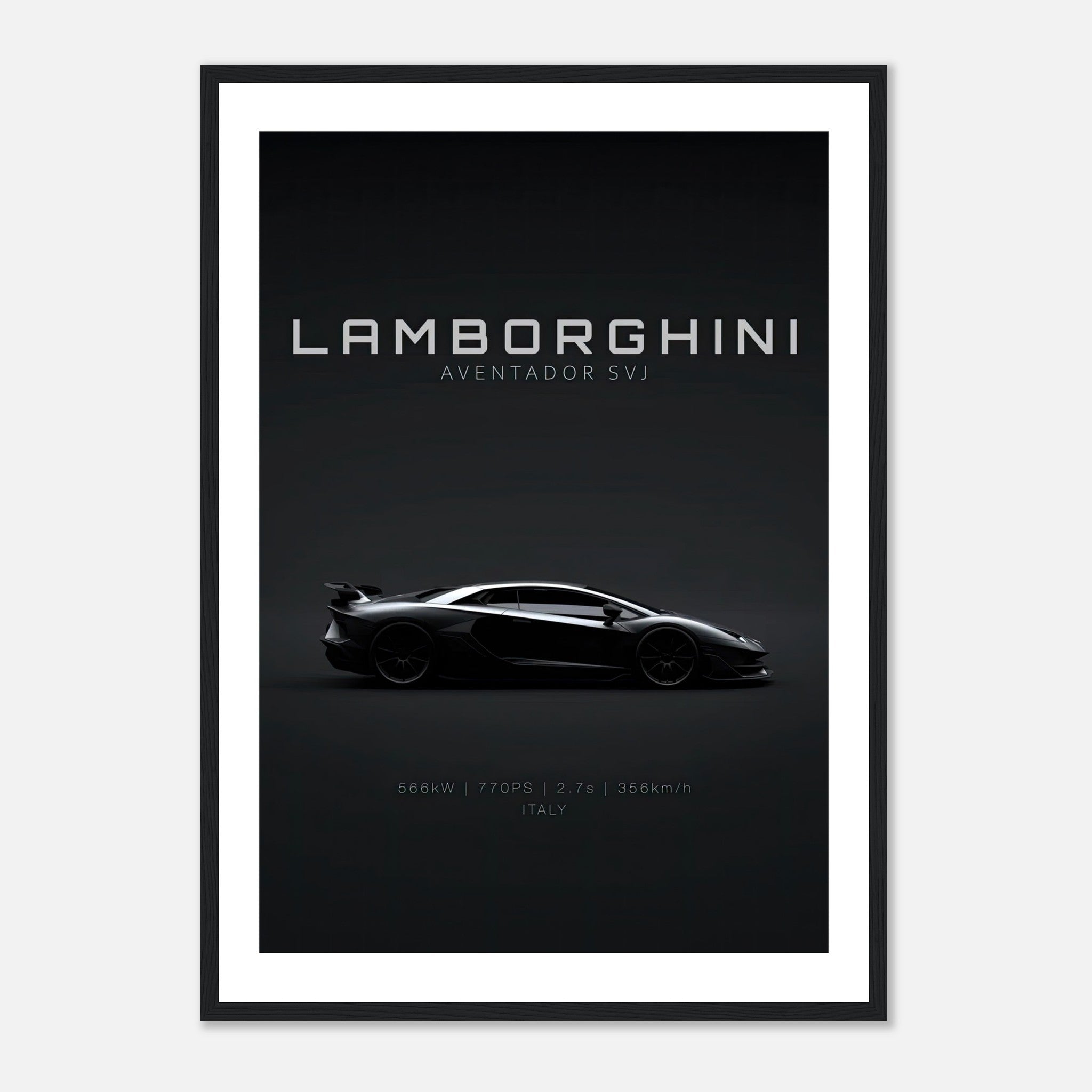 Lamborghini Aventador SVJ framed poster showcasing its sleek design and iconic silhouette.