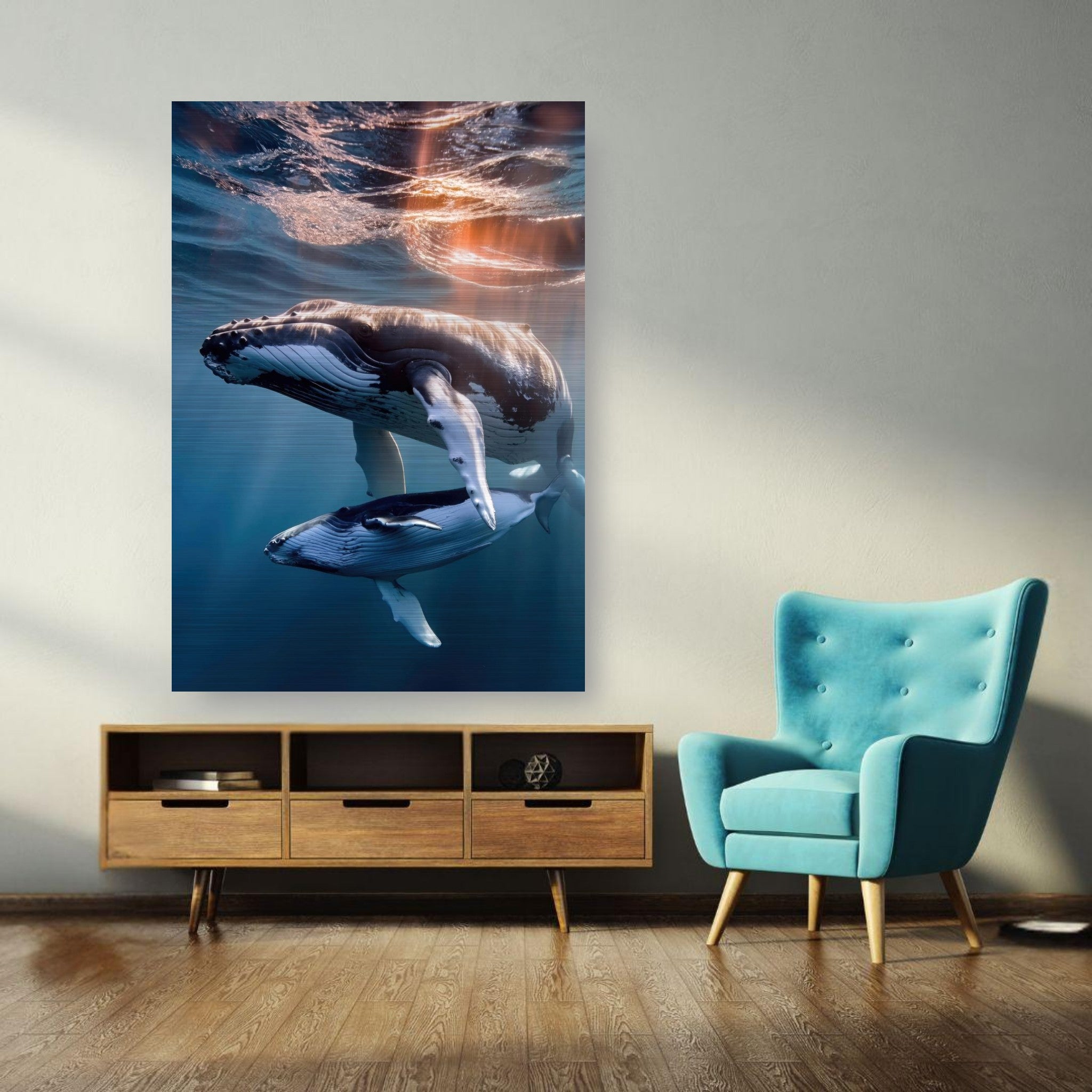Stunning underwater photography of a mother humpback whale and calf in vibrant blue waters on brushed metal.