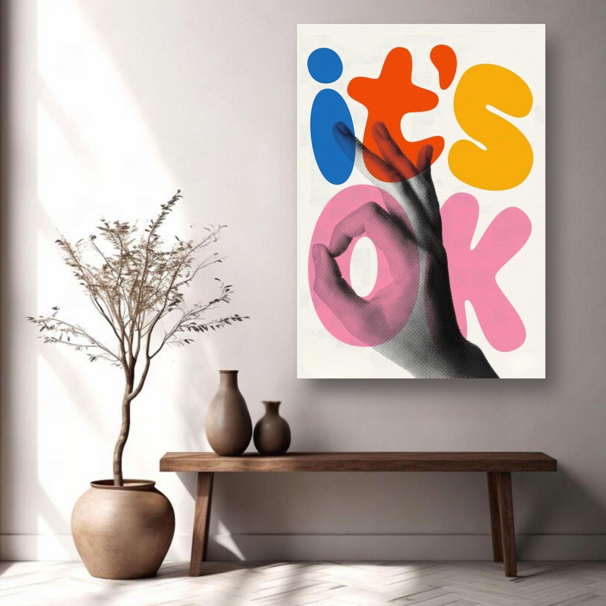 Retro abstract pop art print featuring colorful typography 'it's OK' on a wall above a stylish wooden table.