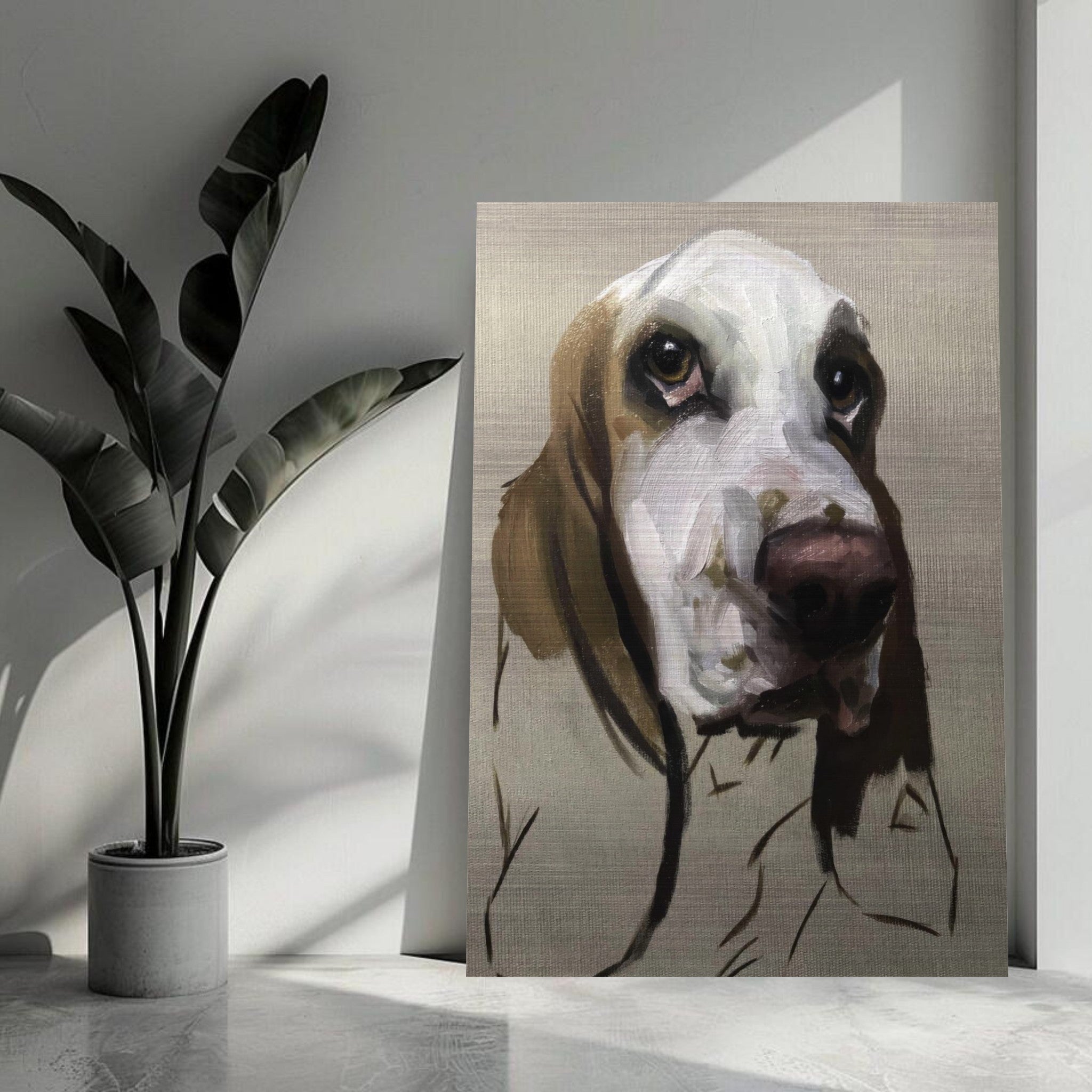 Basset Hound dog painting on brushed metal, showcasing soulful eyes and unique brushstroke textures.