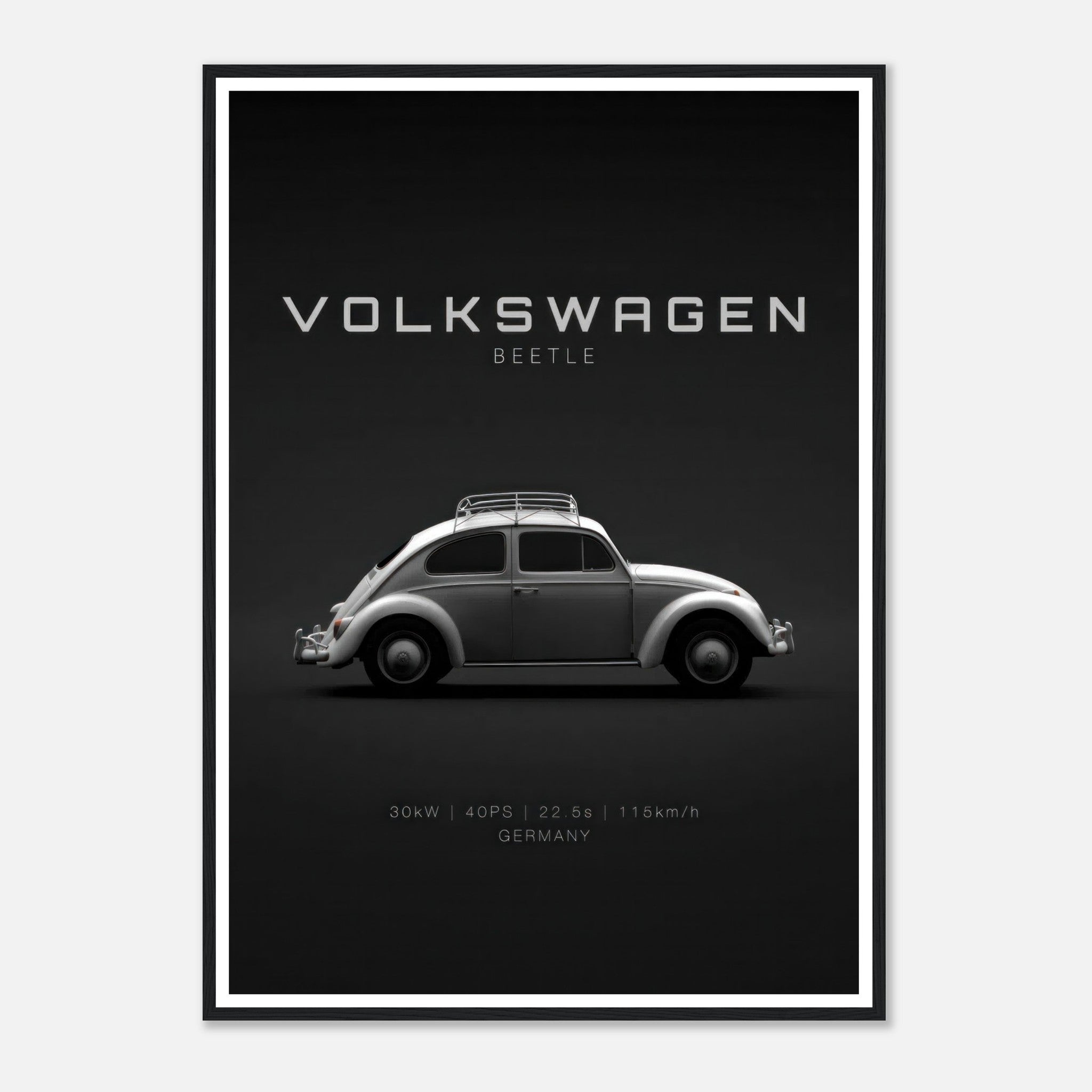 Volkswagen Beetle framed poster showcasing a sleek side profile on a minimalist black background.