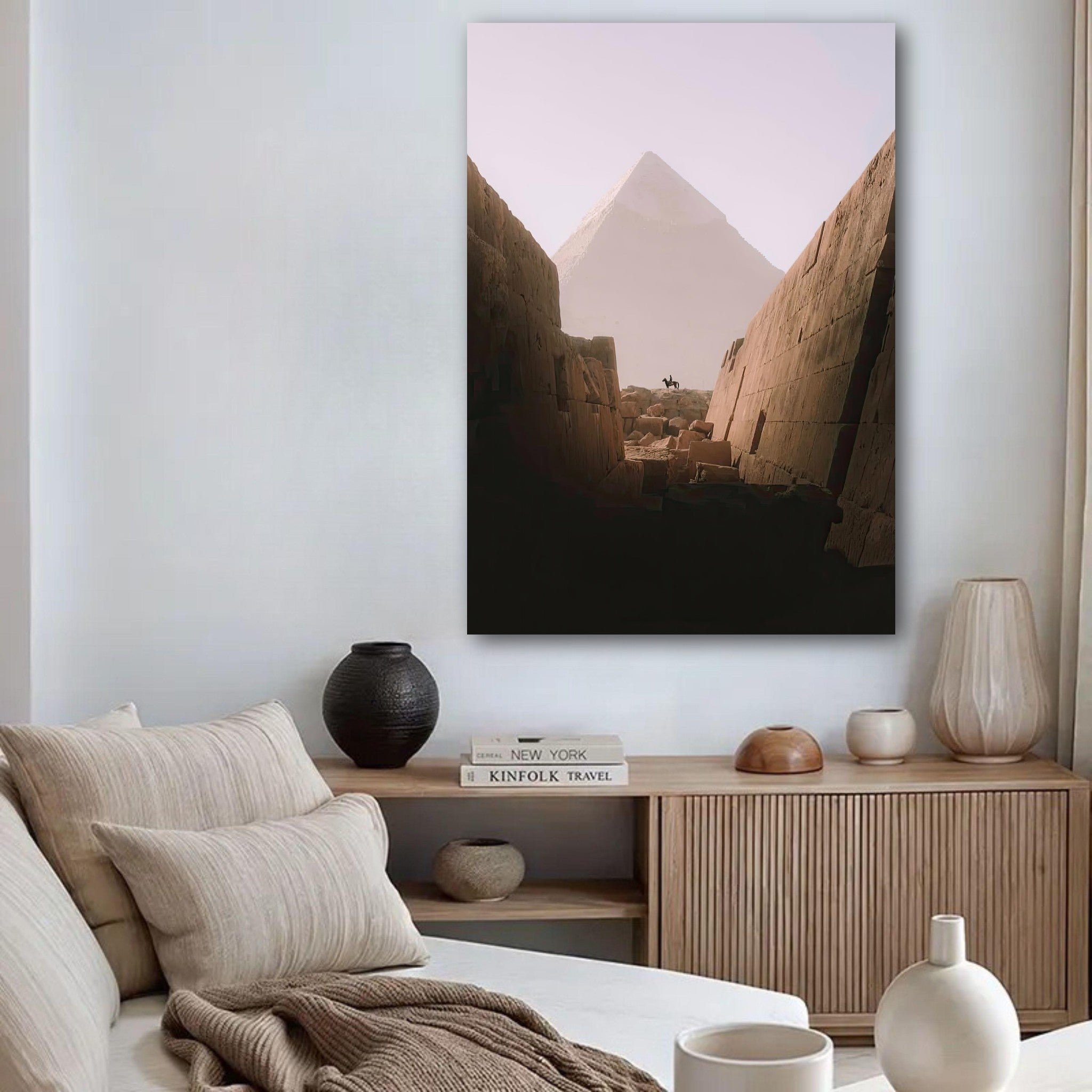 Horse & Rider Great Pyramid of Giza poster displayed in a modern living room with cozy decor.