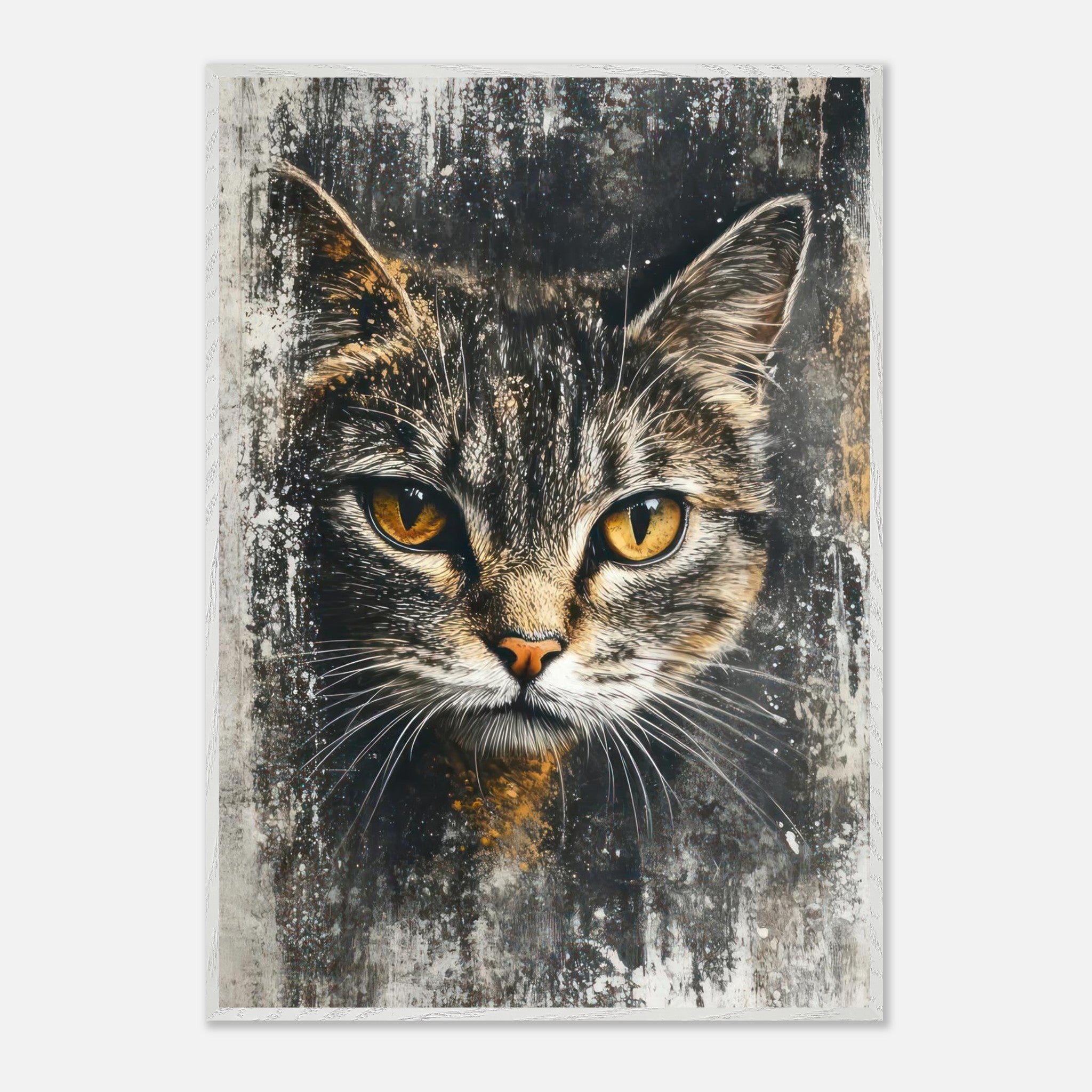 Cat painting artwork with golden eyes and textured background, showcasing fine art quality.