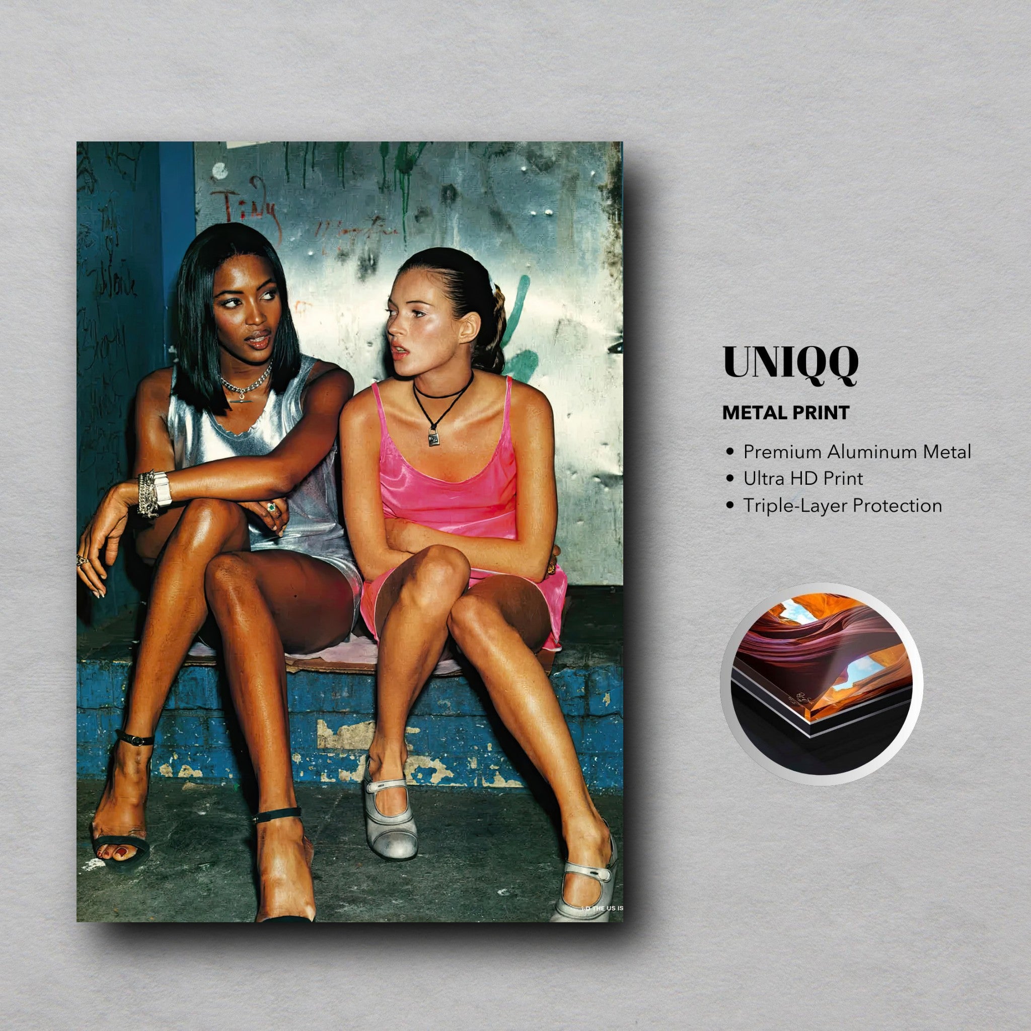 Naomi Campbell and Kate Moss Metal Print, capturing '90s fashion elegance on premium aluminum.