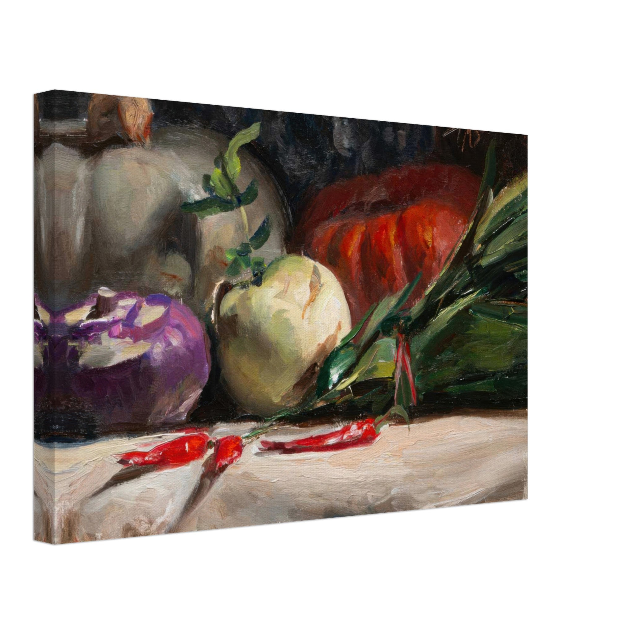 Still life canvas print featuring kohlrabi, pumpkins, chilis, and vibrant vegetables in rich colors.