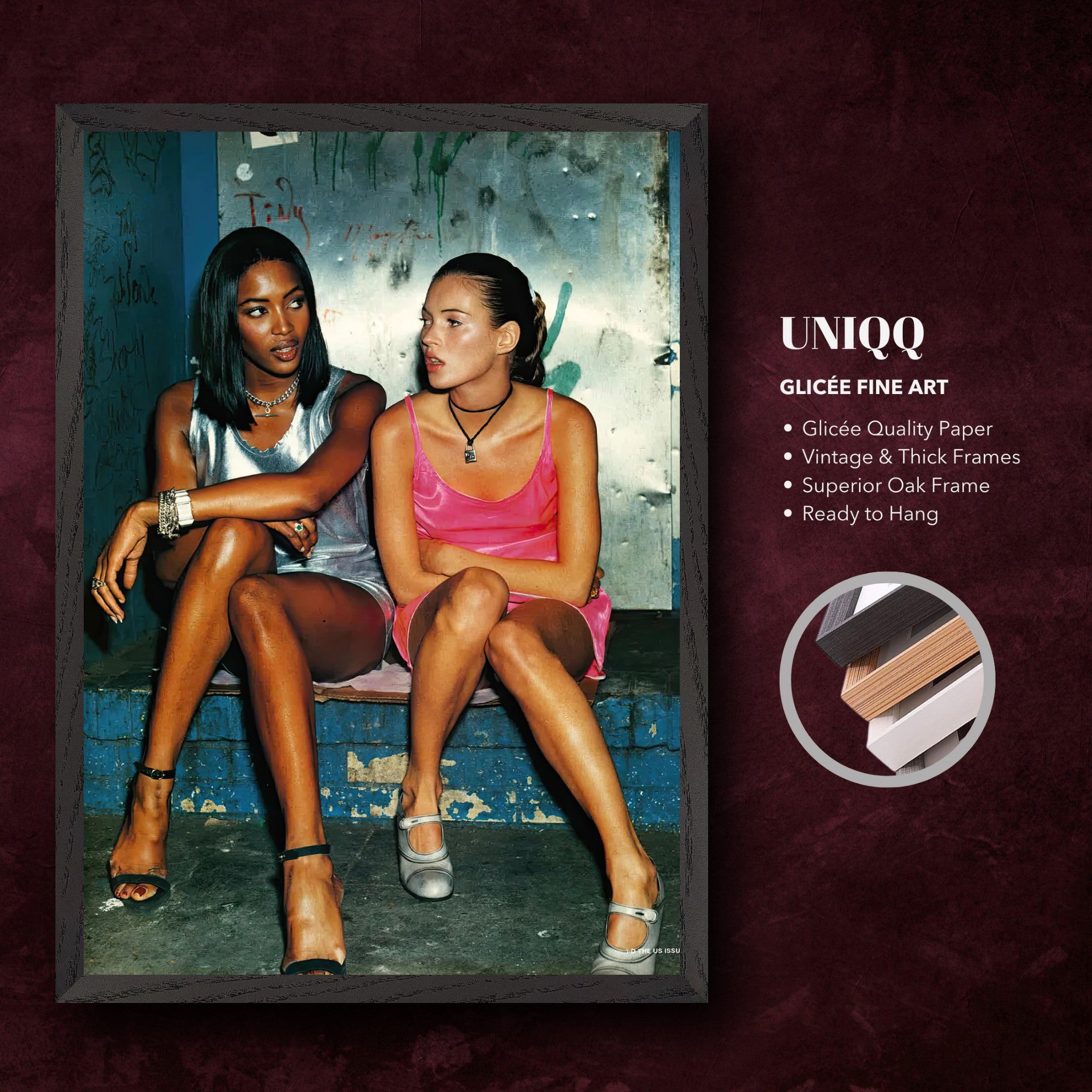 Fine art print of Naomi Campbell and Kate Moss, showcasing timeless fashion in a vintage setting, Giclée quality.