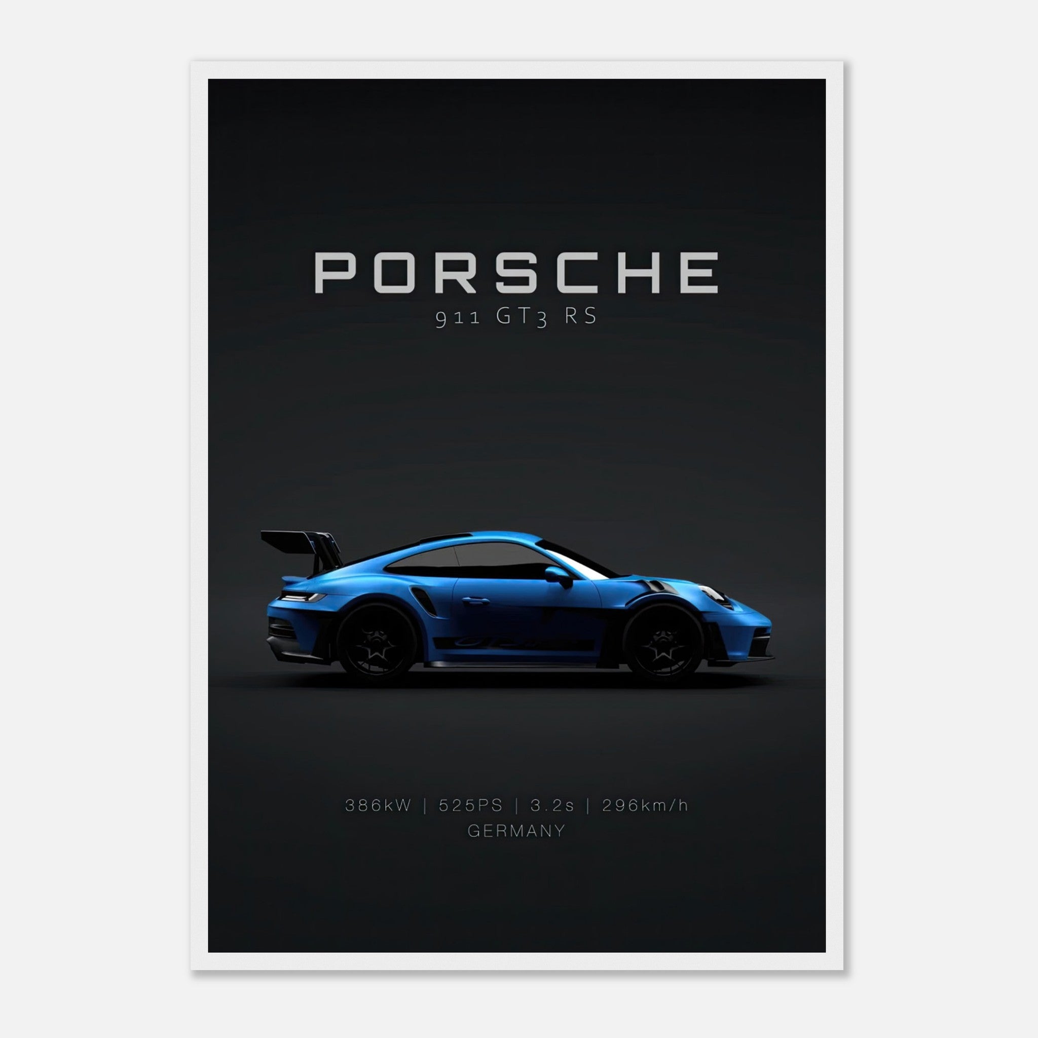 Porsche 911 GT3 RS framed poster showcasing a sleek blue sports car on a dark background.