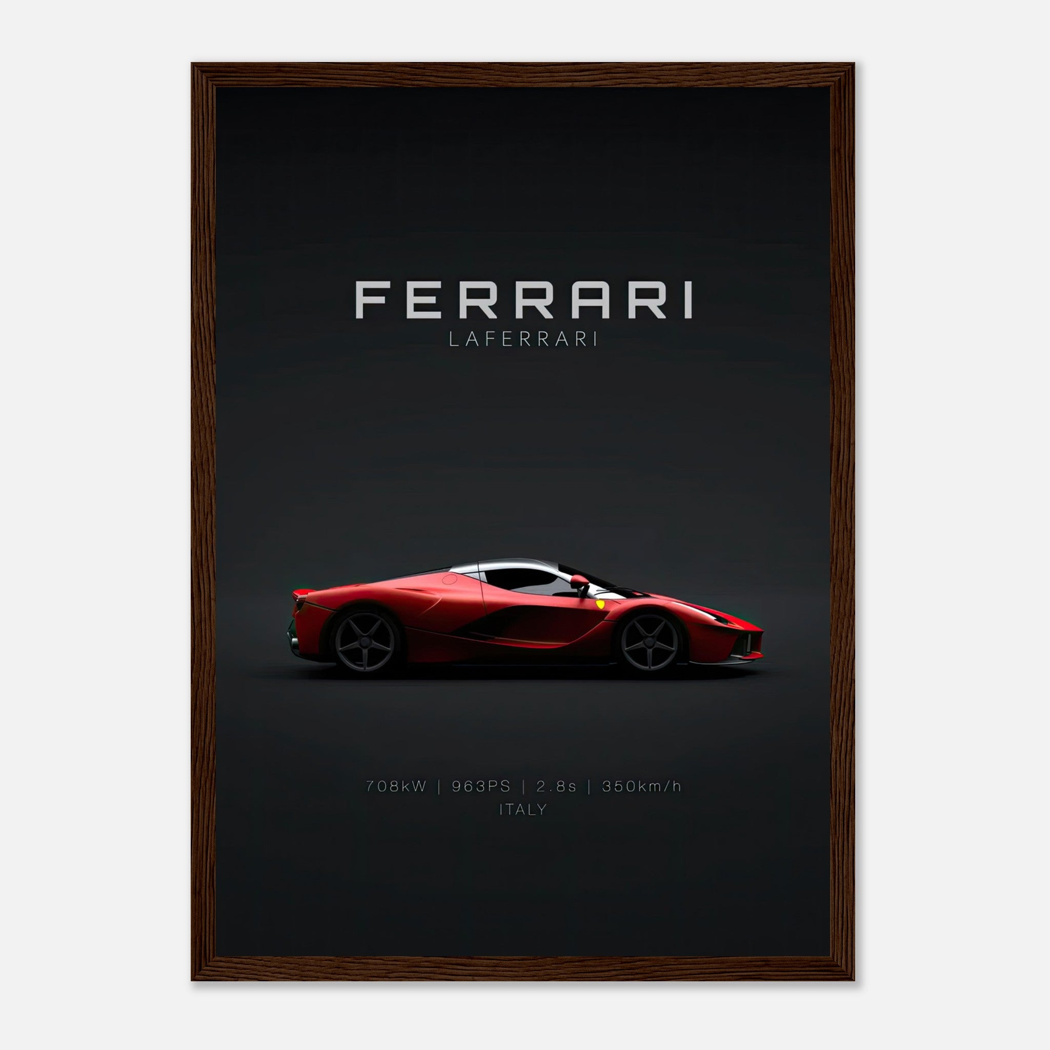 Ferrari Laferrari framed poster showcasing the iconic hypercar in red against a dark background.