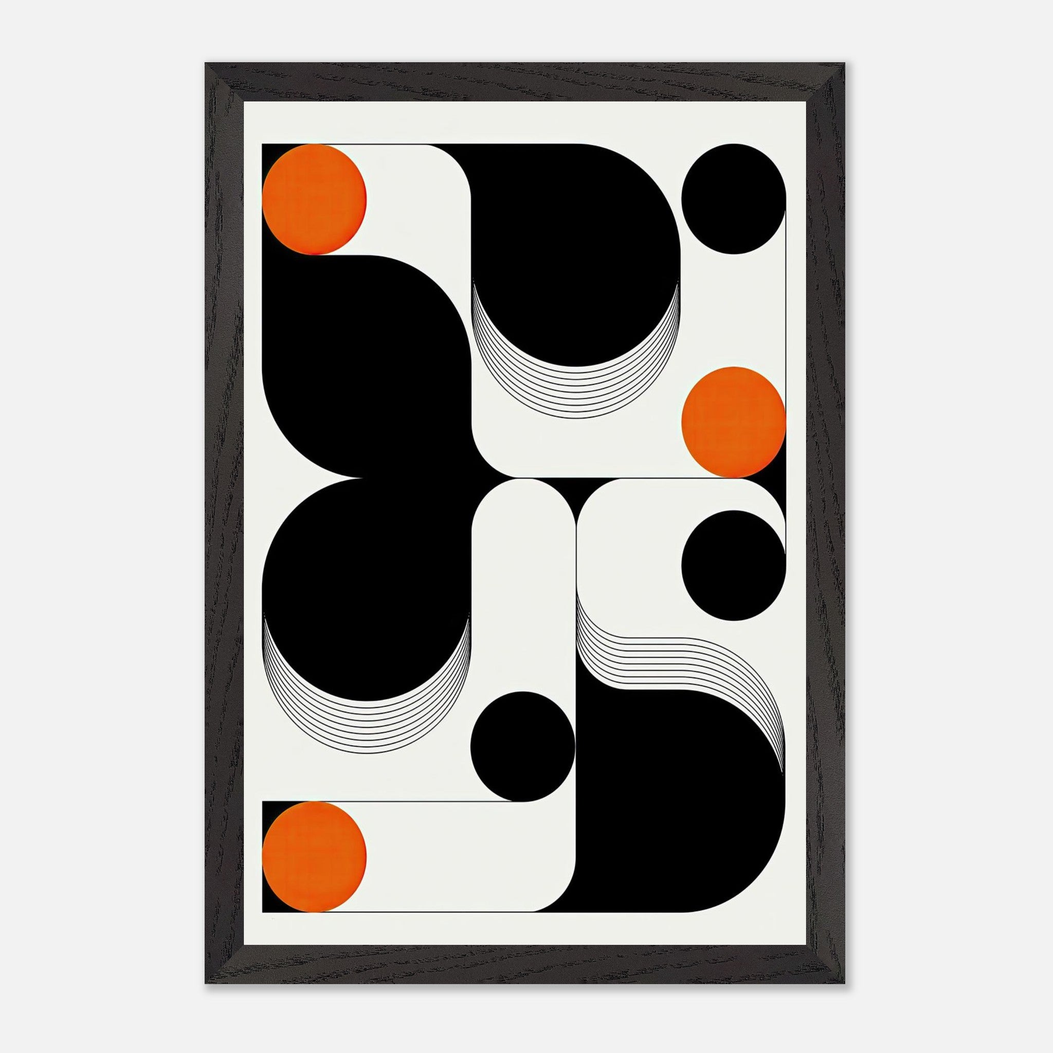 Modern geometric abstract art with bold black and orange shapes in a sleek frame, perfect for elevating your decor.