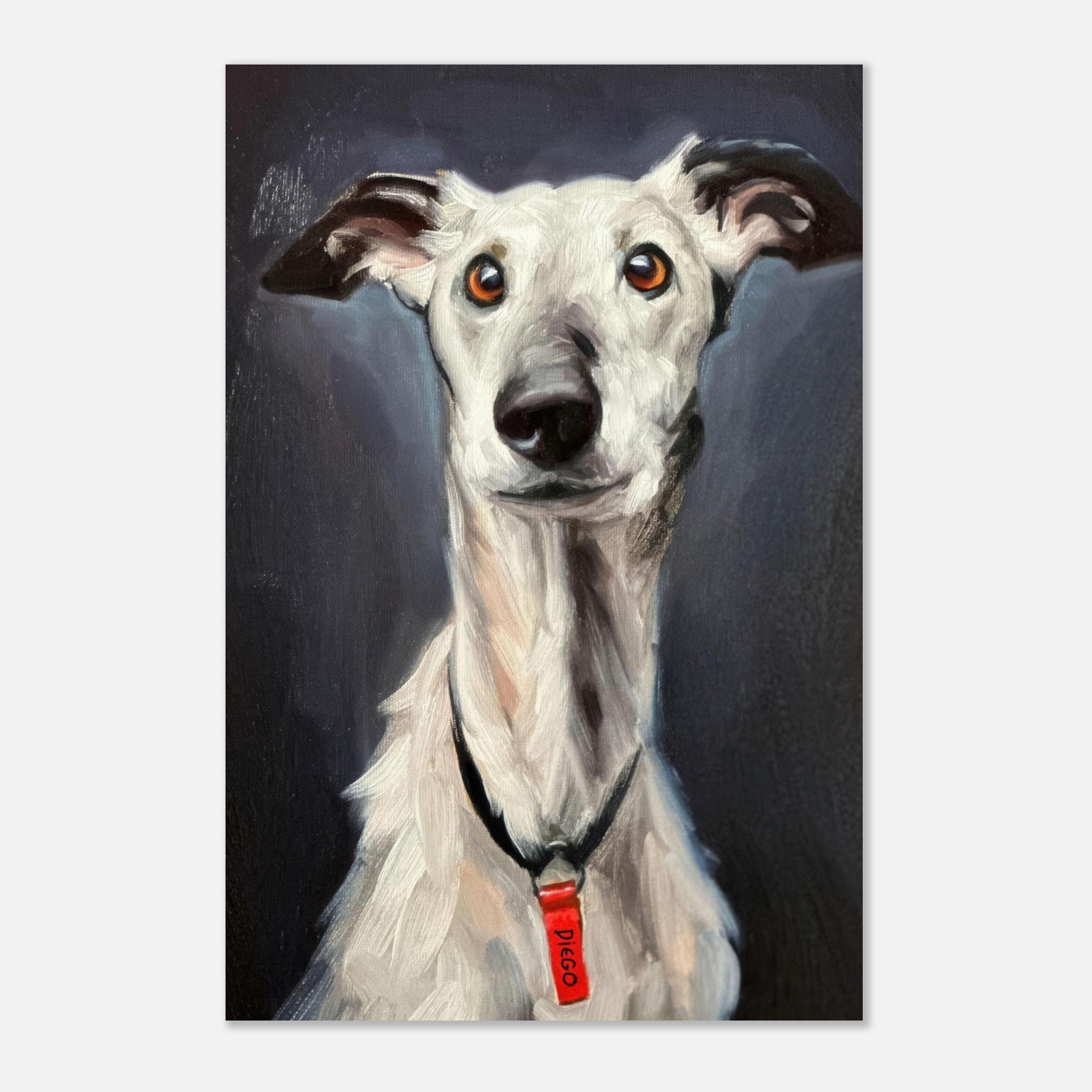 Greyhound dog painting metal print showcasing a detailed portrait with expressive eyes and sleek features.