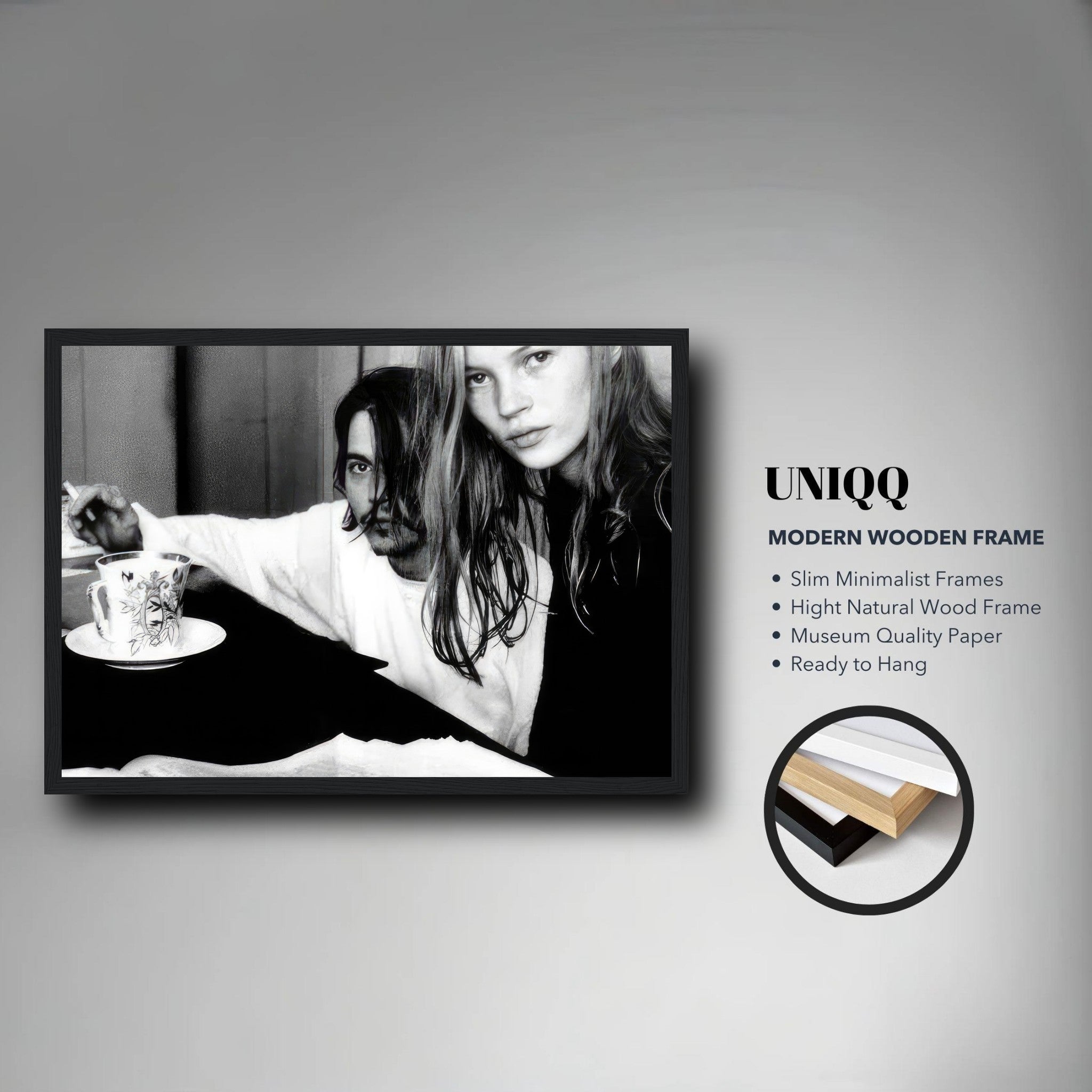 Rebel Romance framed print of Johnny Depp and Kate Moss in black-and-white, showcasing 90s iconic style, ready to hang.