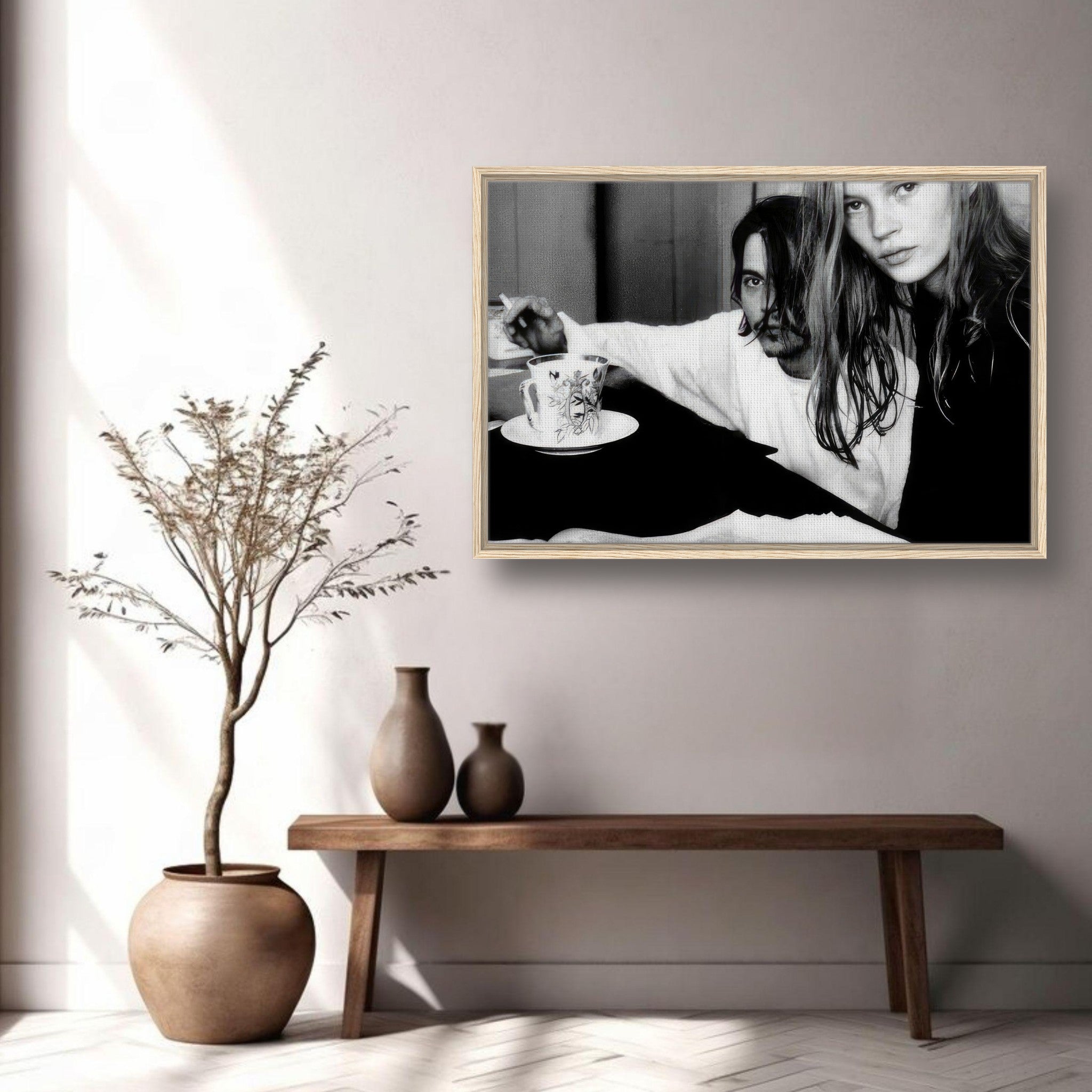 Framed canvas print of Johnny Depp and Kate Moss capturing 1990s celebrity romance in black-and-white.