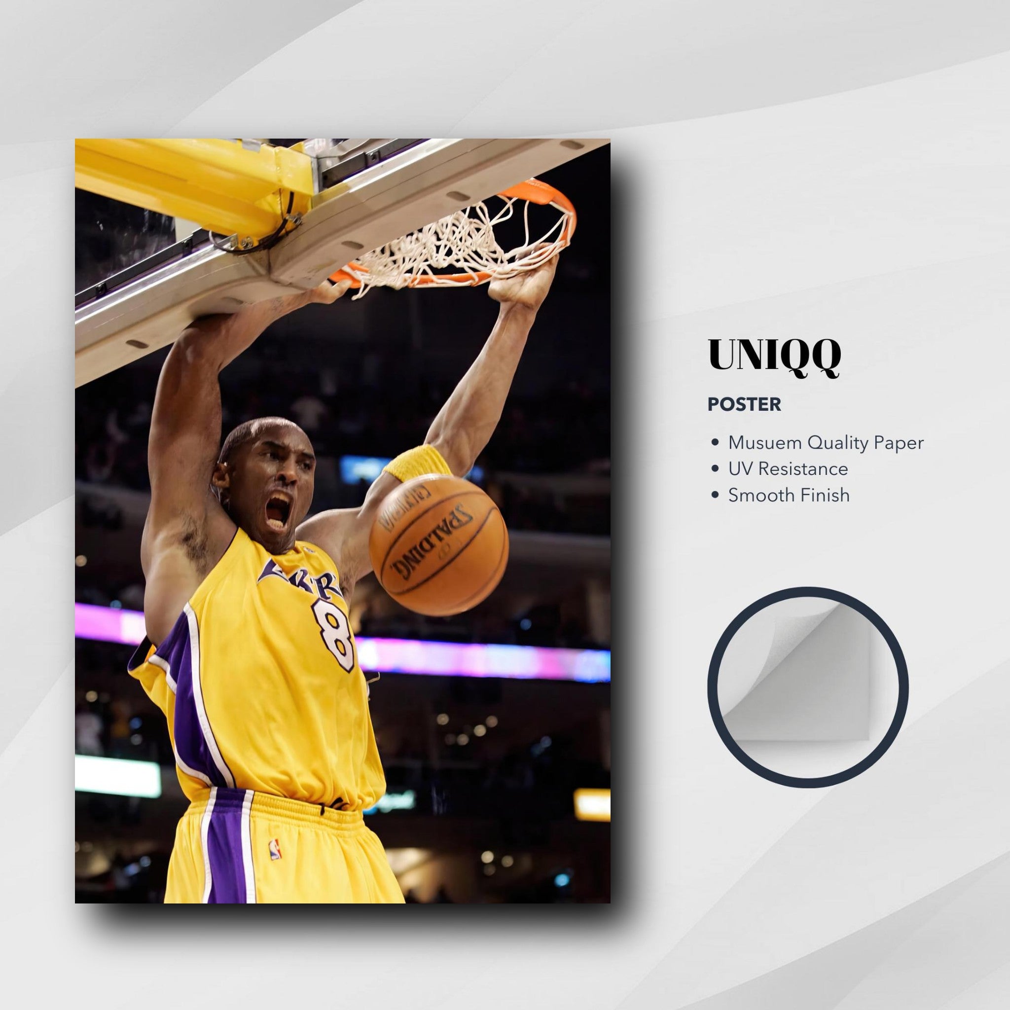Kobe Bryant's iconic slam dunk poster in classic No. 8 Lakers jersey, showcasing power and precision.