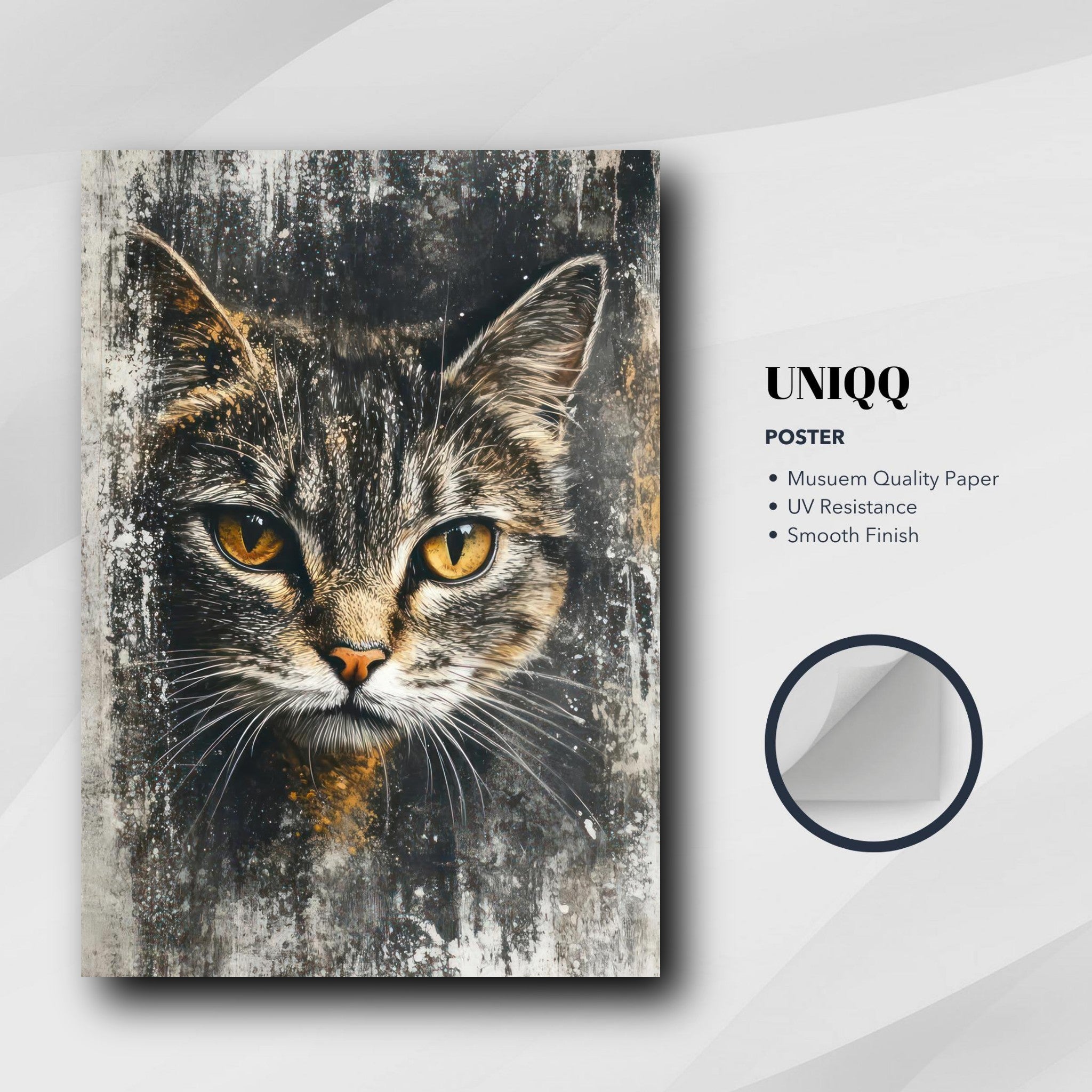 Cat painting poster featuring a striking feline portrait with golden eyes, ideal for modern and rustic decor.