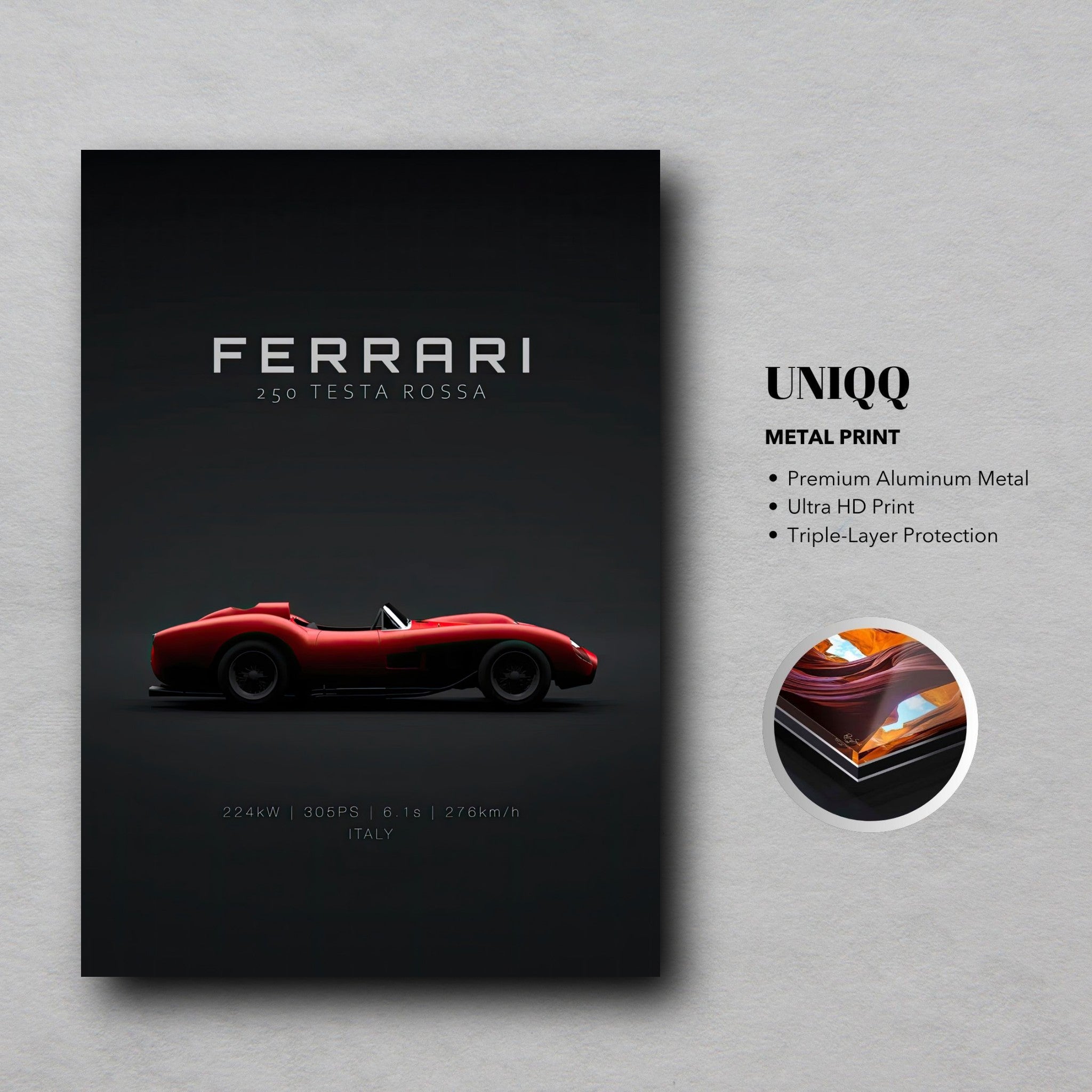 Ferrari 250 Testa Rossa metal print showcasing a red sports car on a black background, perfect for automotive enthusiasts.