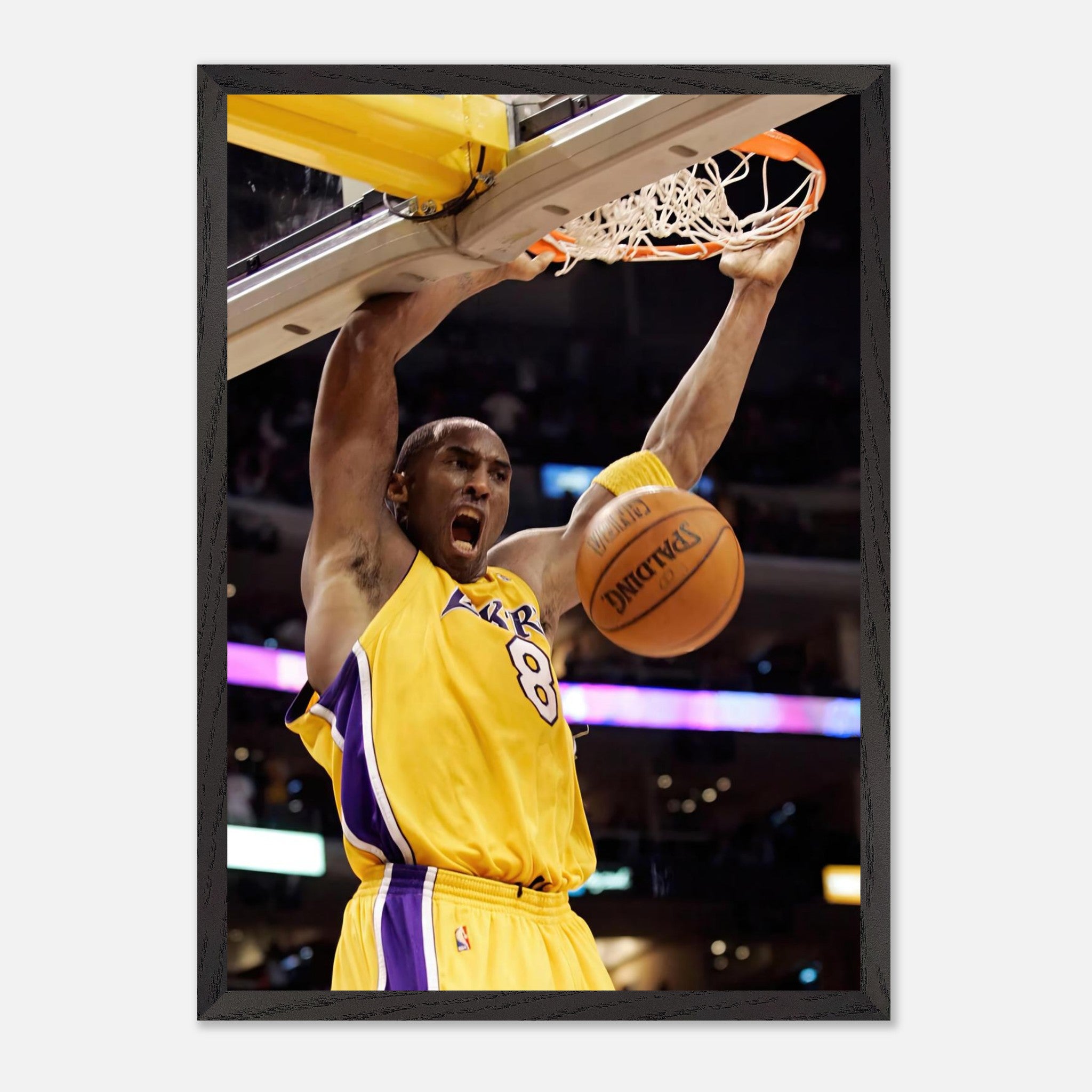 Kobe Bryant performing an iconic slam dunk in Lakers jersey, captured in high-resolution fine art print.
