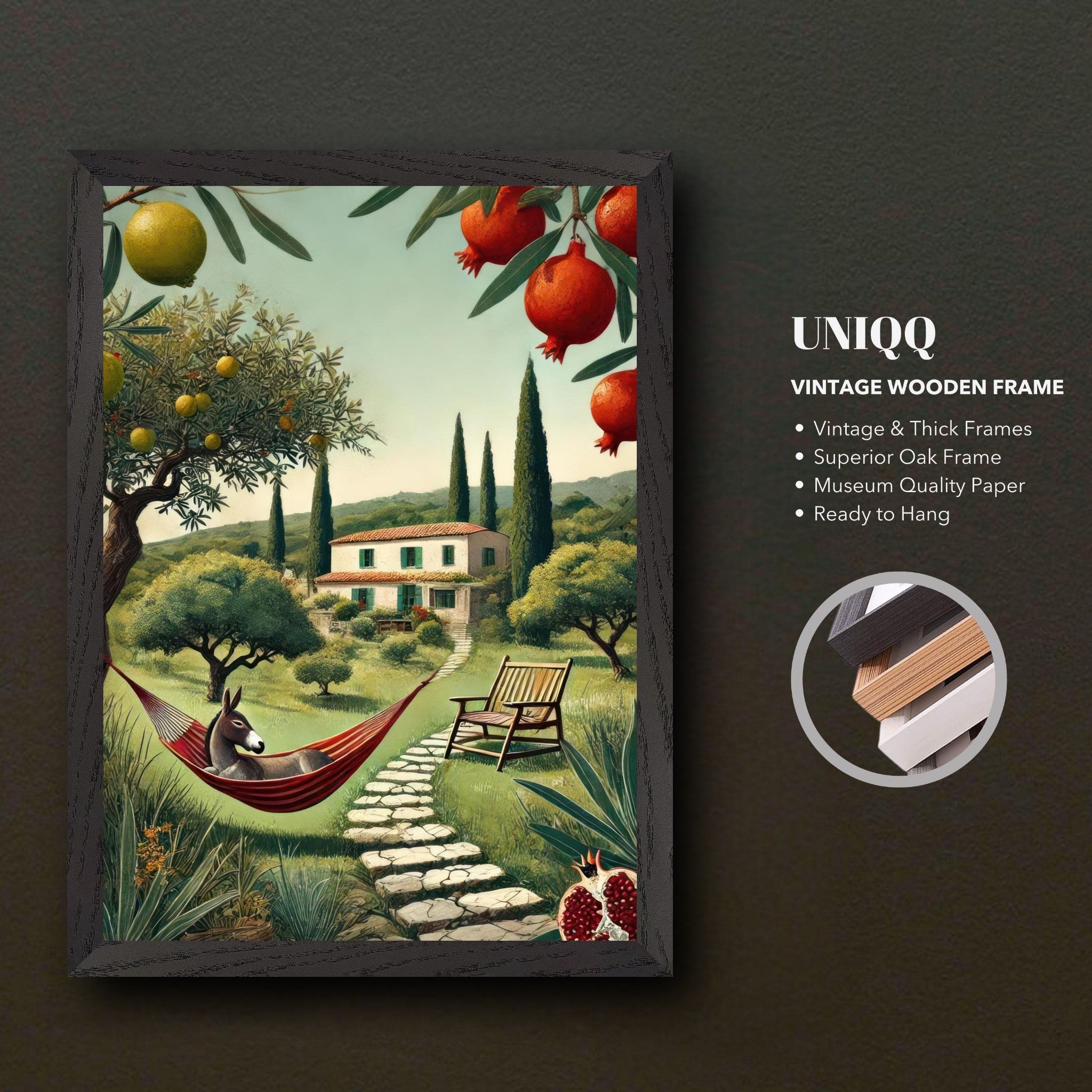Vintage framed print of a Mediterranean landscape with a hammock, villa, and lush trees.