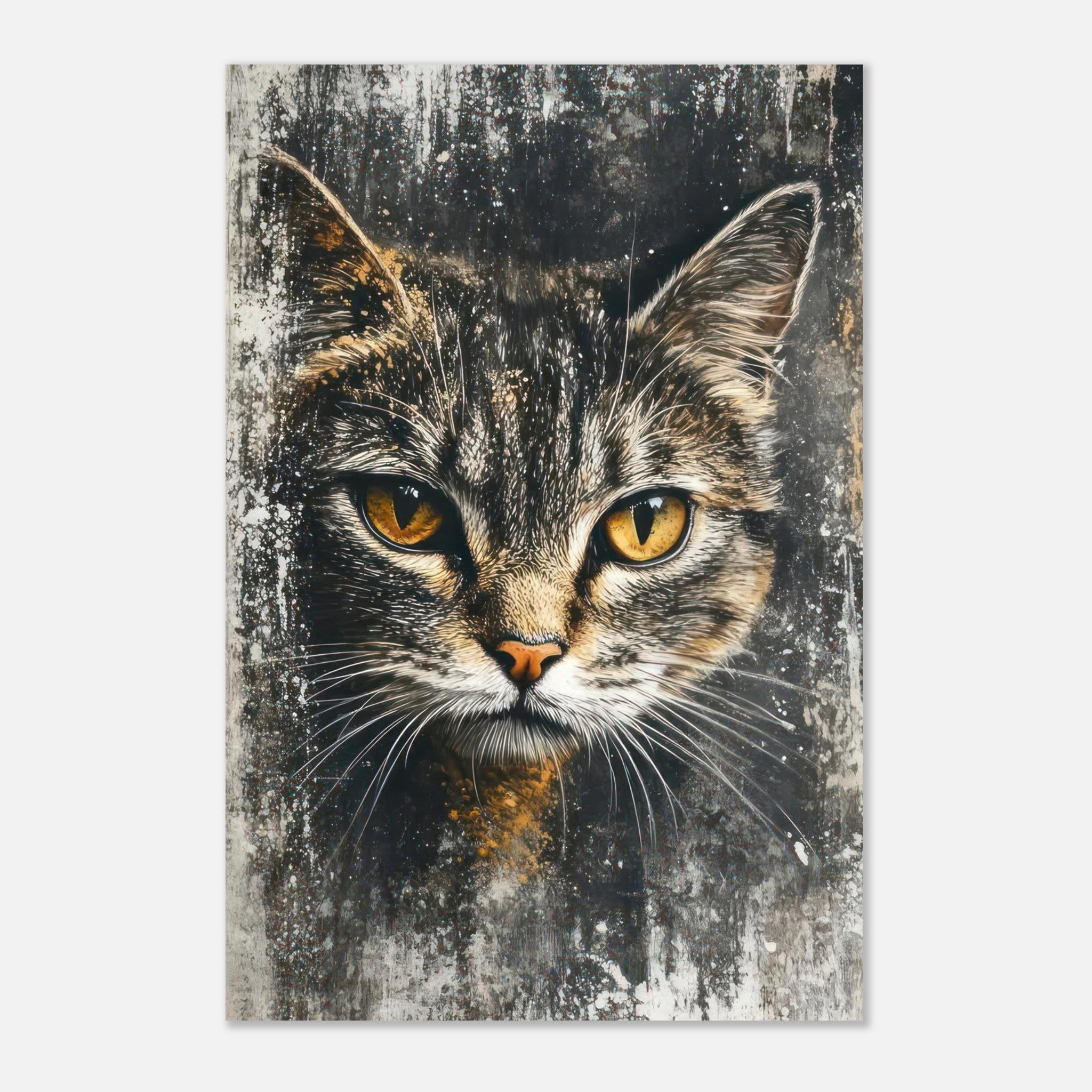 Cat painting artwork metal print featuring a detailed portrait of a cat with striking golden eyes.