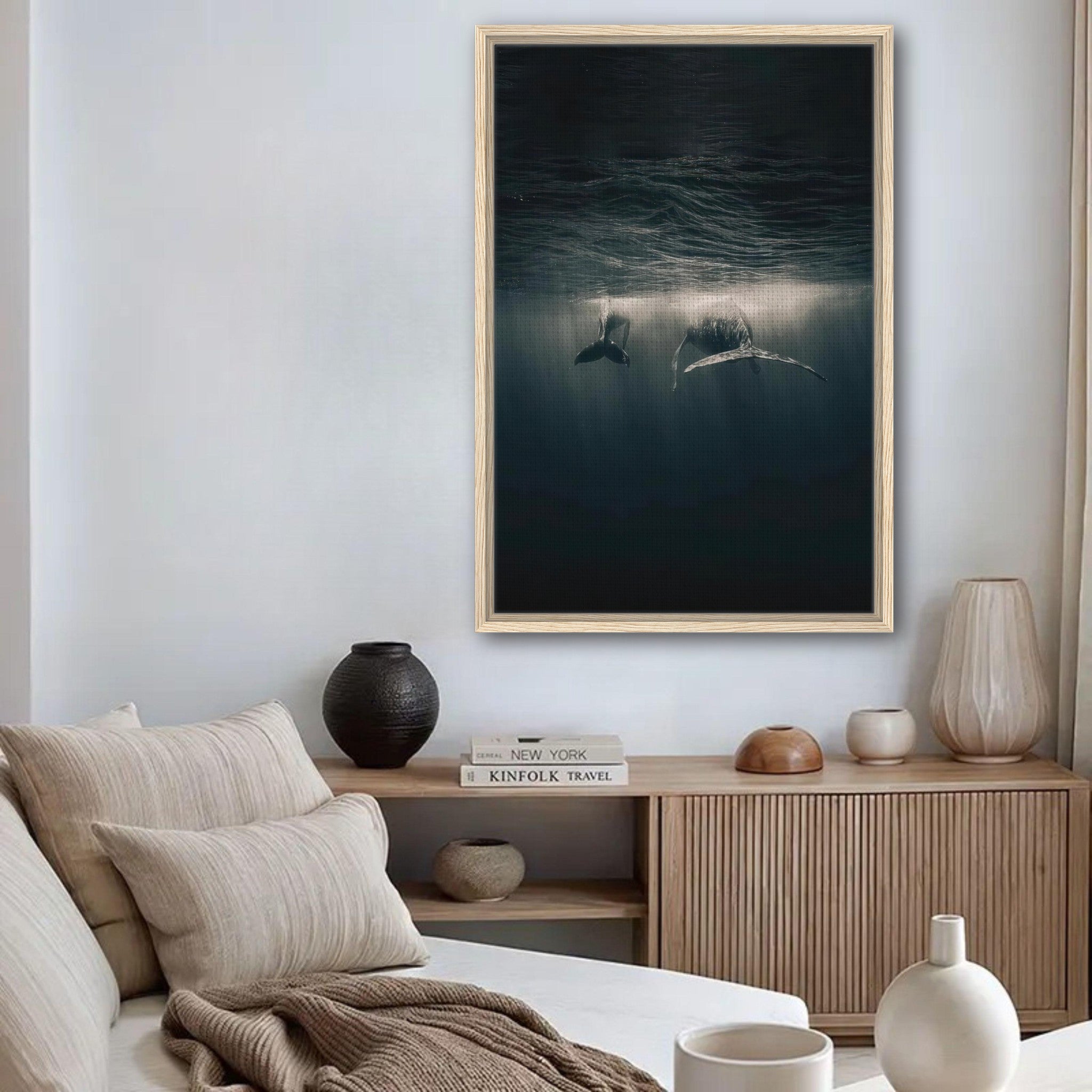 Whales gliding underwater captured in a serene framed canvas print, perfect for ocean lovers' home decor.