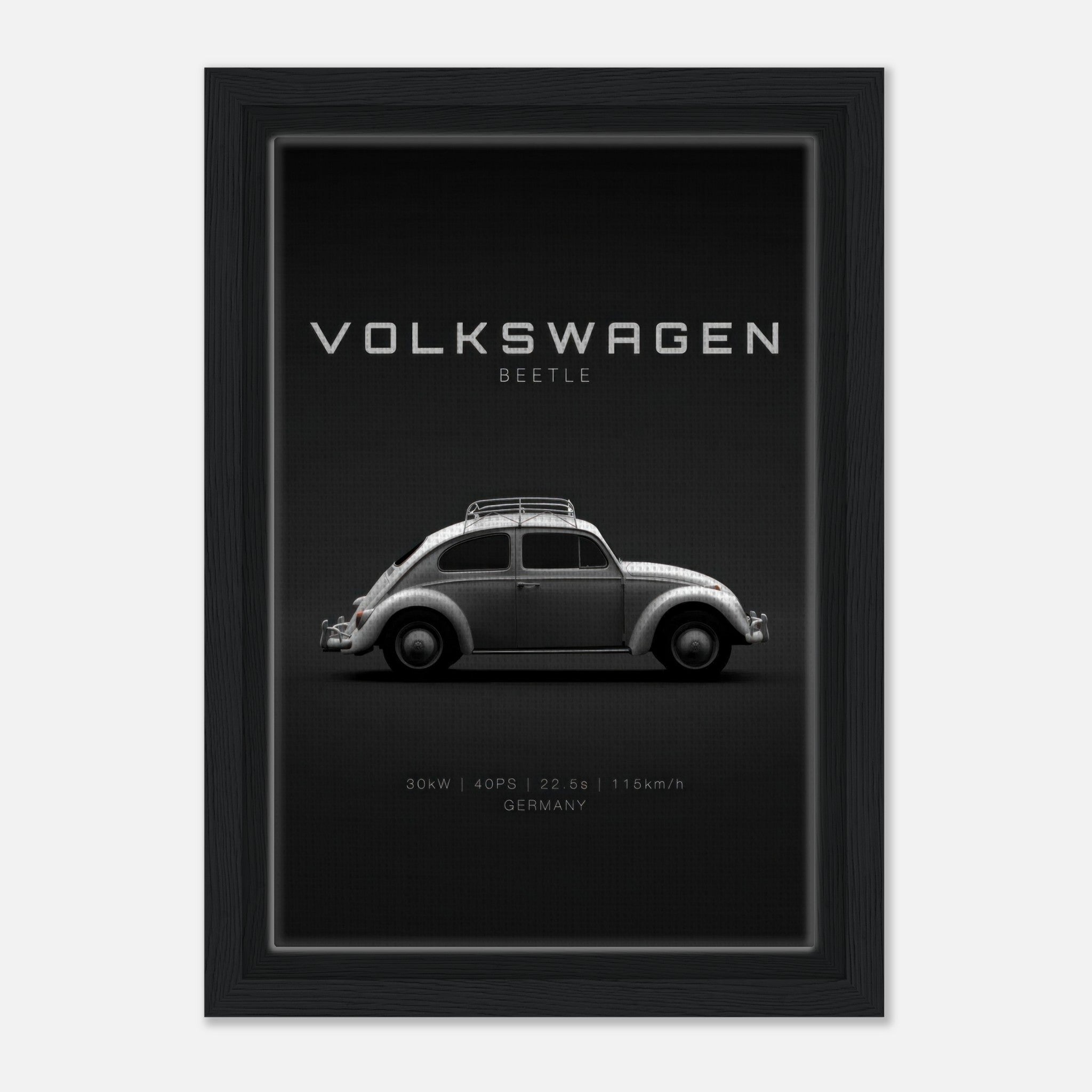 Volkswagen Beetle framed canvas showcasing the classic car design with a sleek black background and minimal typography.