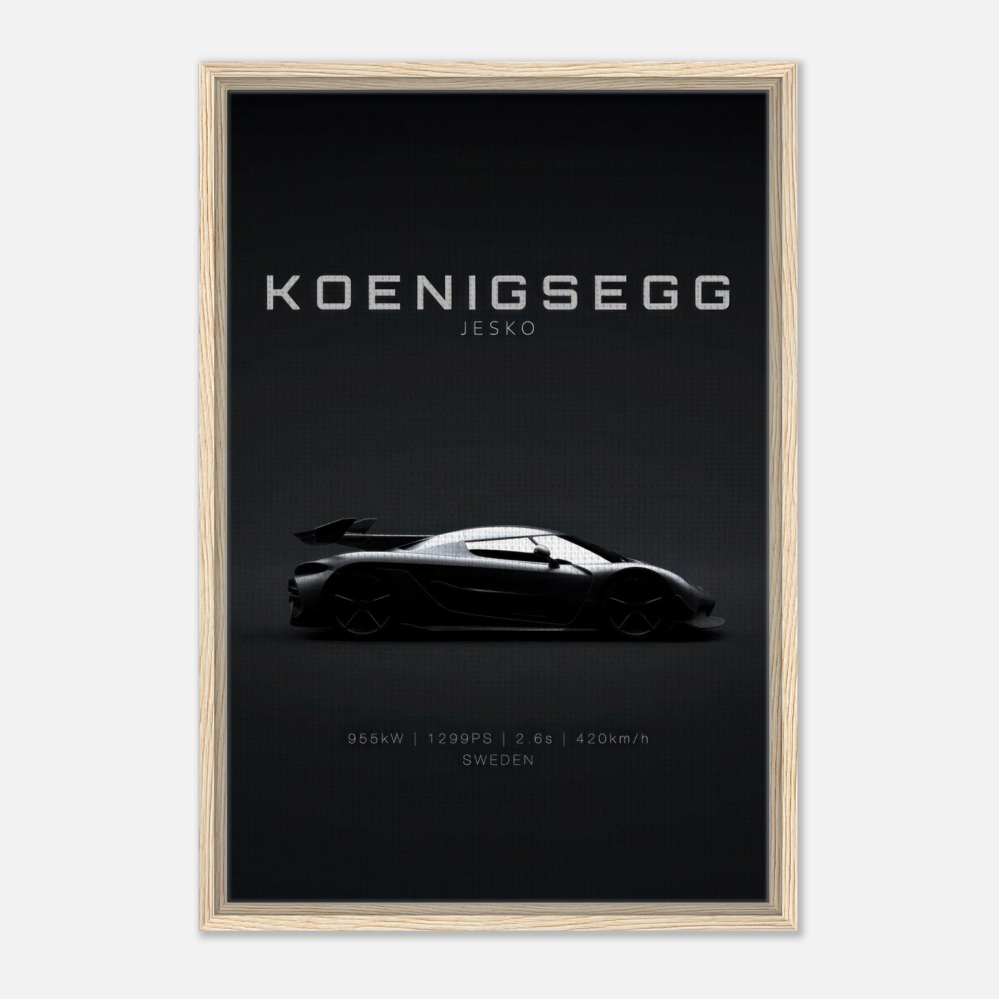 Koenigsegg Jesko framed canvas print depicting sleek hypercar silhouette on minimalist black background.