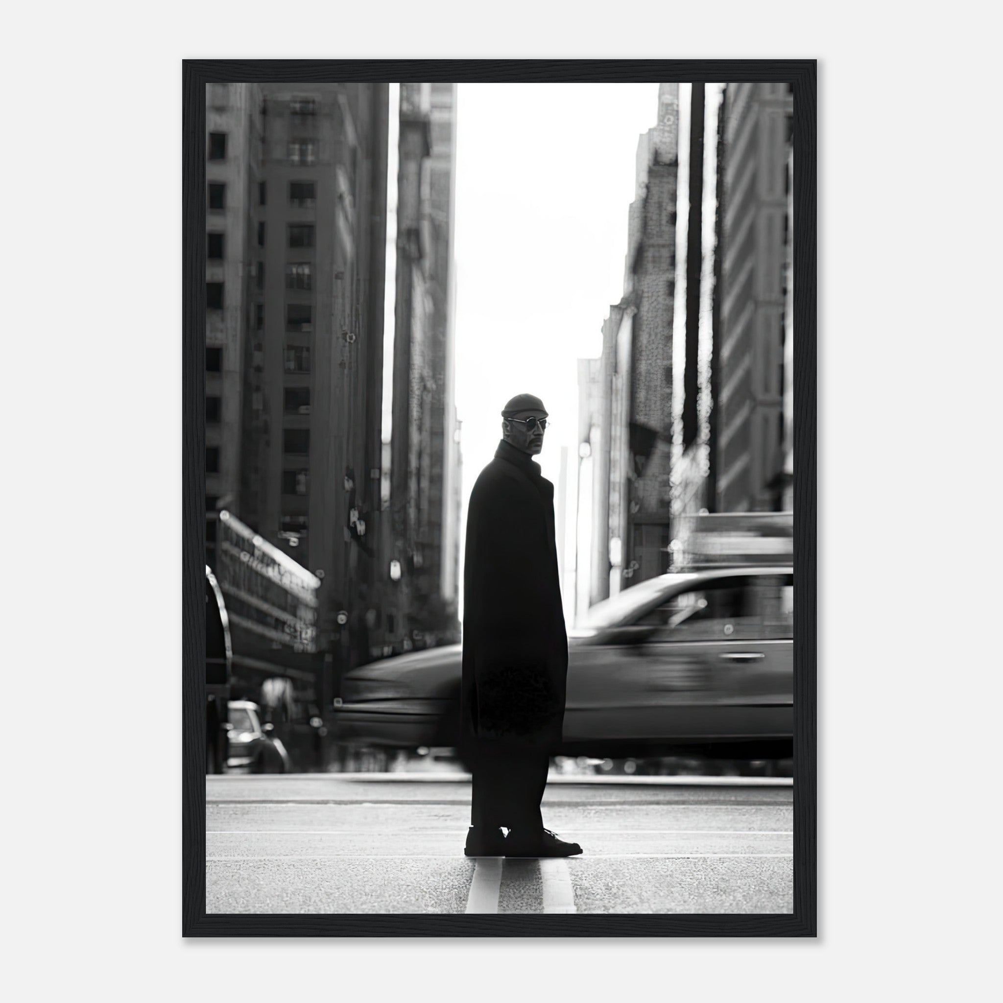Framed print of Jean Reno as Leon in black-and-white, standing in New York street scene.