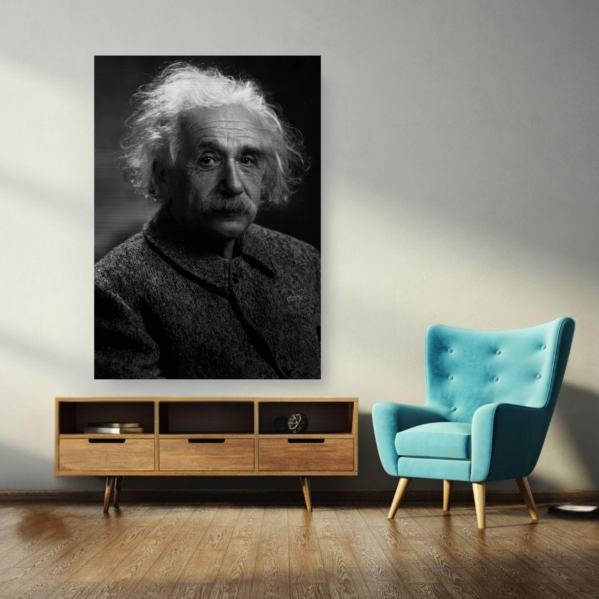 Albert Einstein portrait in brushed metal, showcasing his thoughtful gaze in a stylish living room setting.