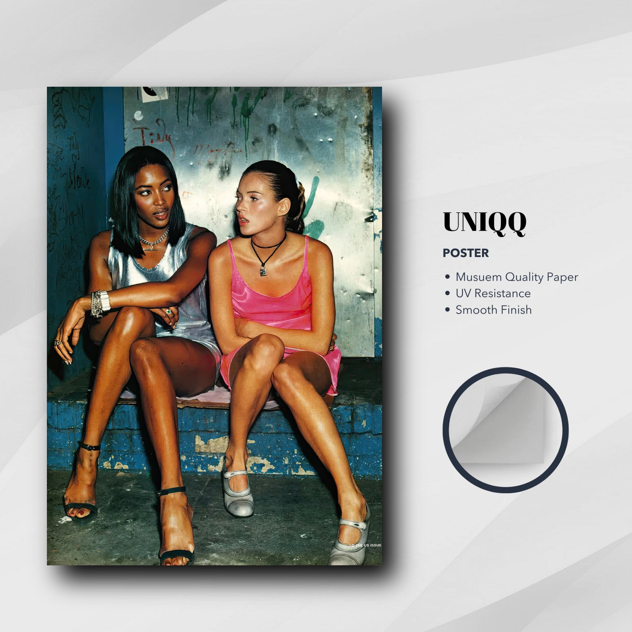 Naomi Campbell and Kate Moss iconic 1990s poster, showcasing supermodel glamour and timeless style.