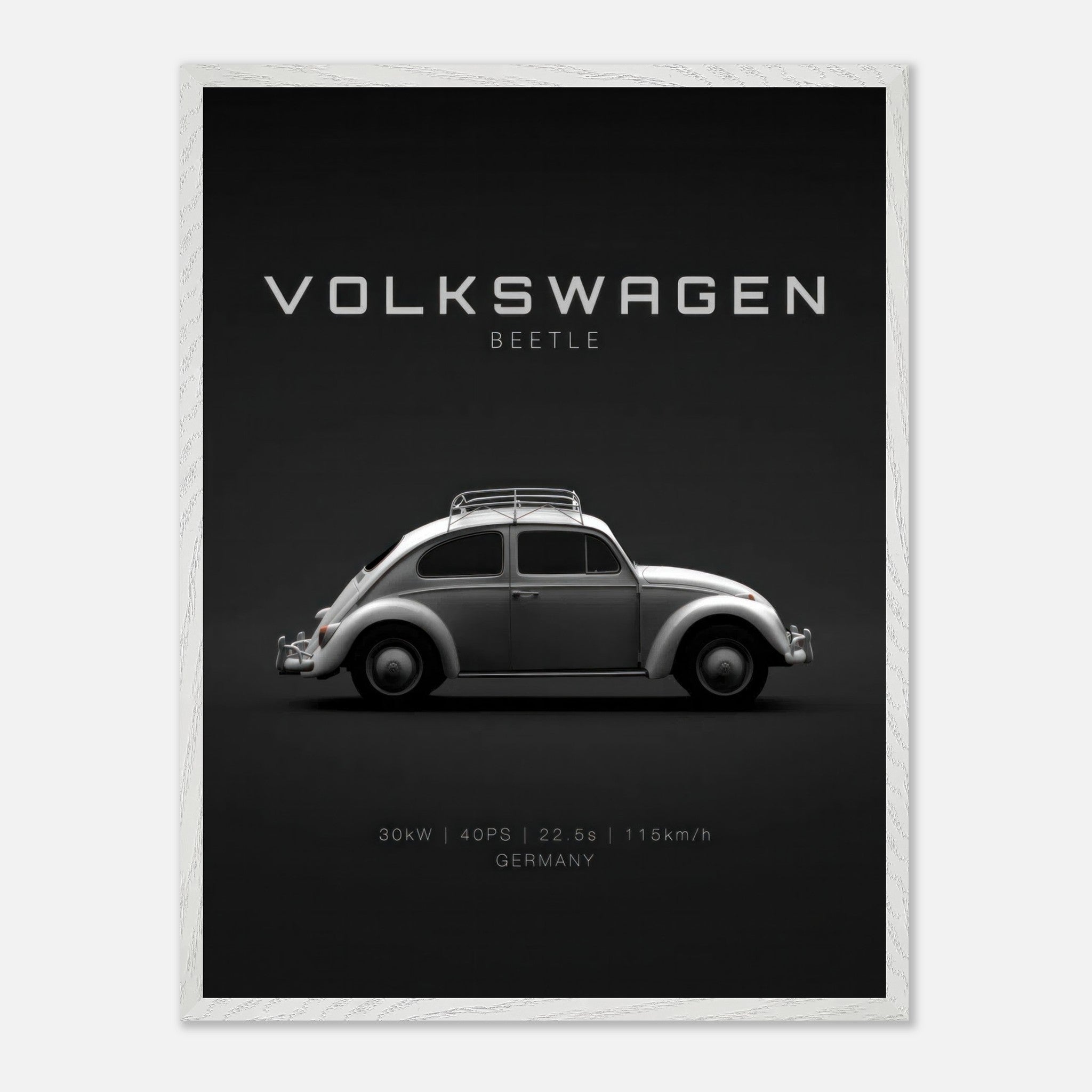 Volkswagen Beetle vintage framed art print featuring iconic design on a minimalist black background.